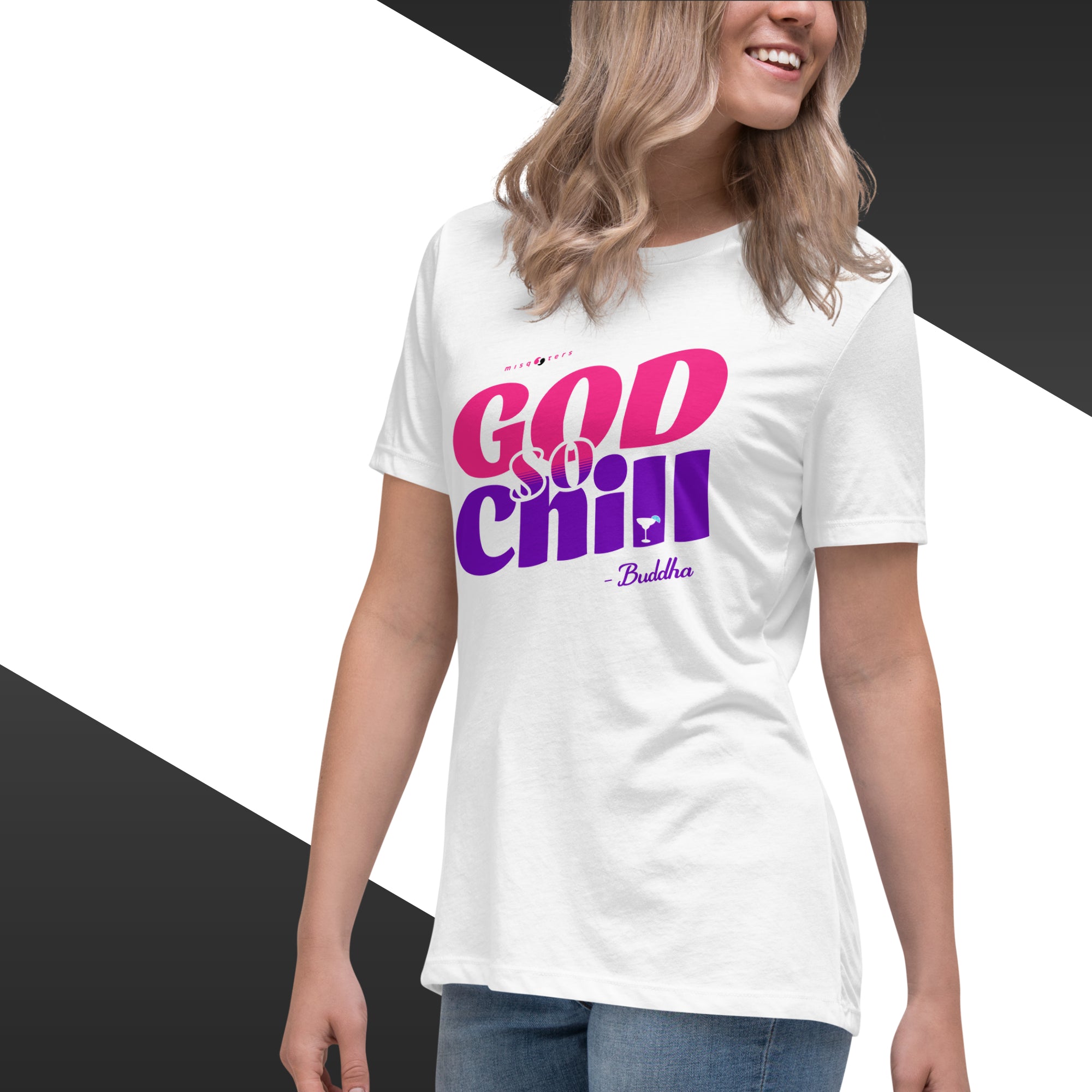 Person wearing a white t-shirt with 'God so chill' text in pink and purple.