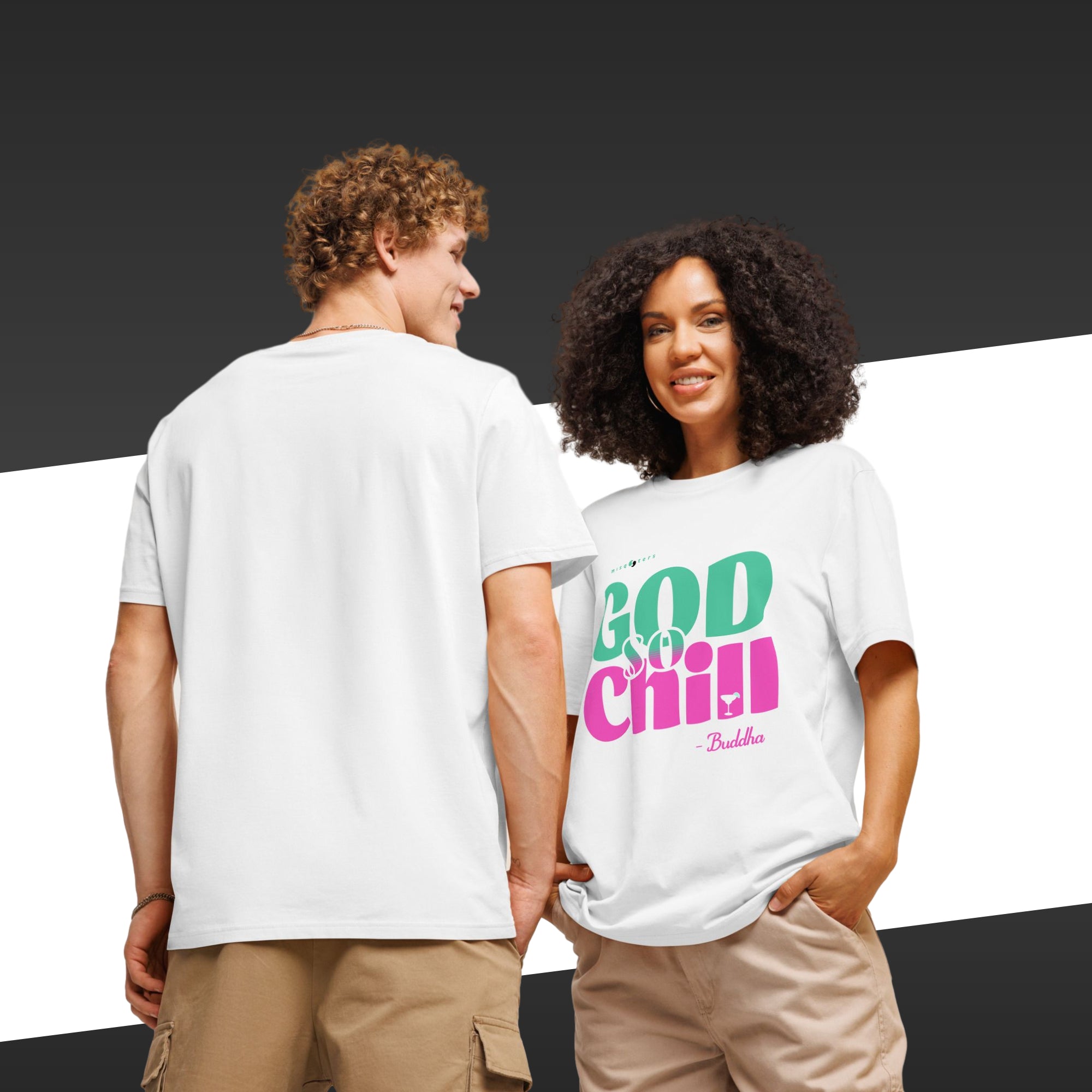 Two people wearing white t-shirts with colorful text design on a black and white background