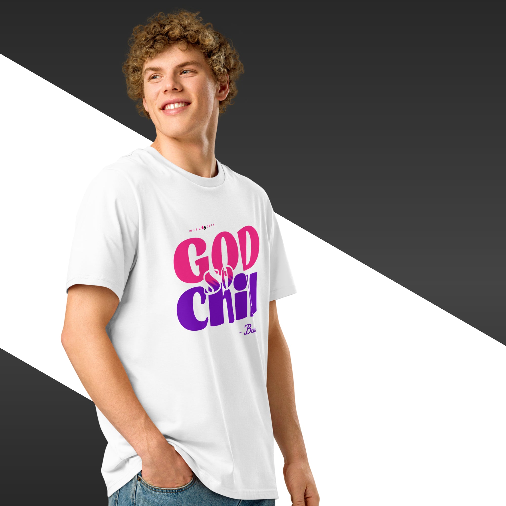 Person wearing a white t-shirt with colorful text design on a black and white background