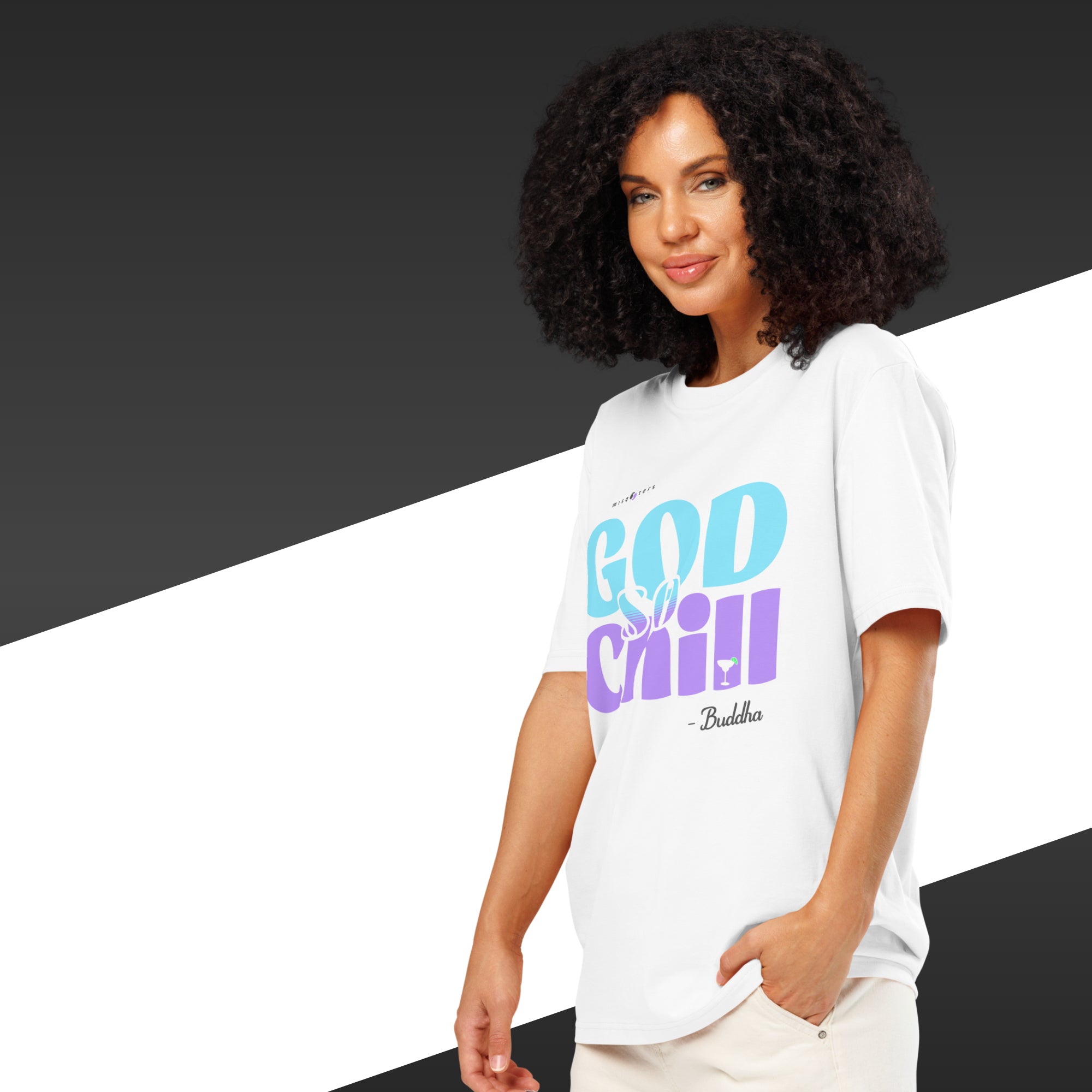 Woman wearing a white t-shirt with colorful text on a black and white background