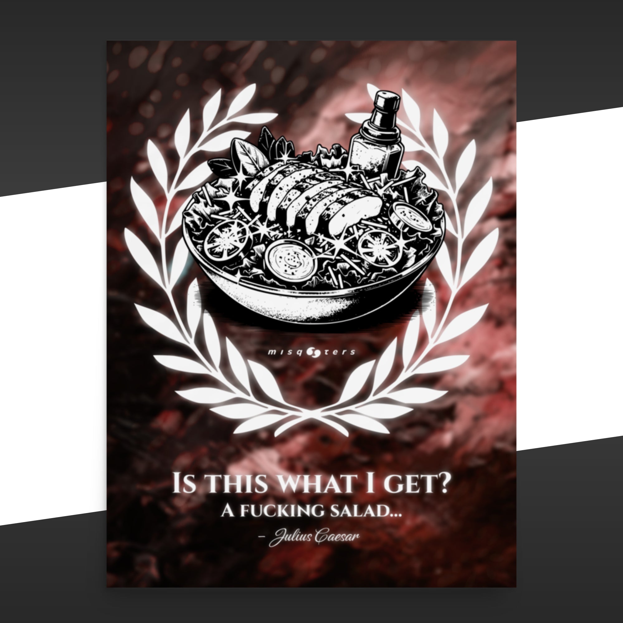 Poster of a salad with text and laurel wreath on a dark background