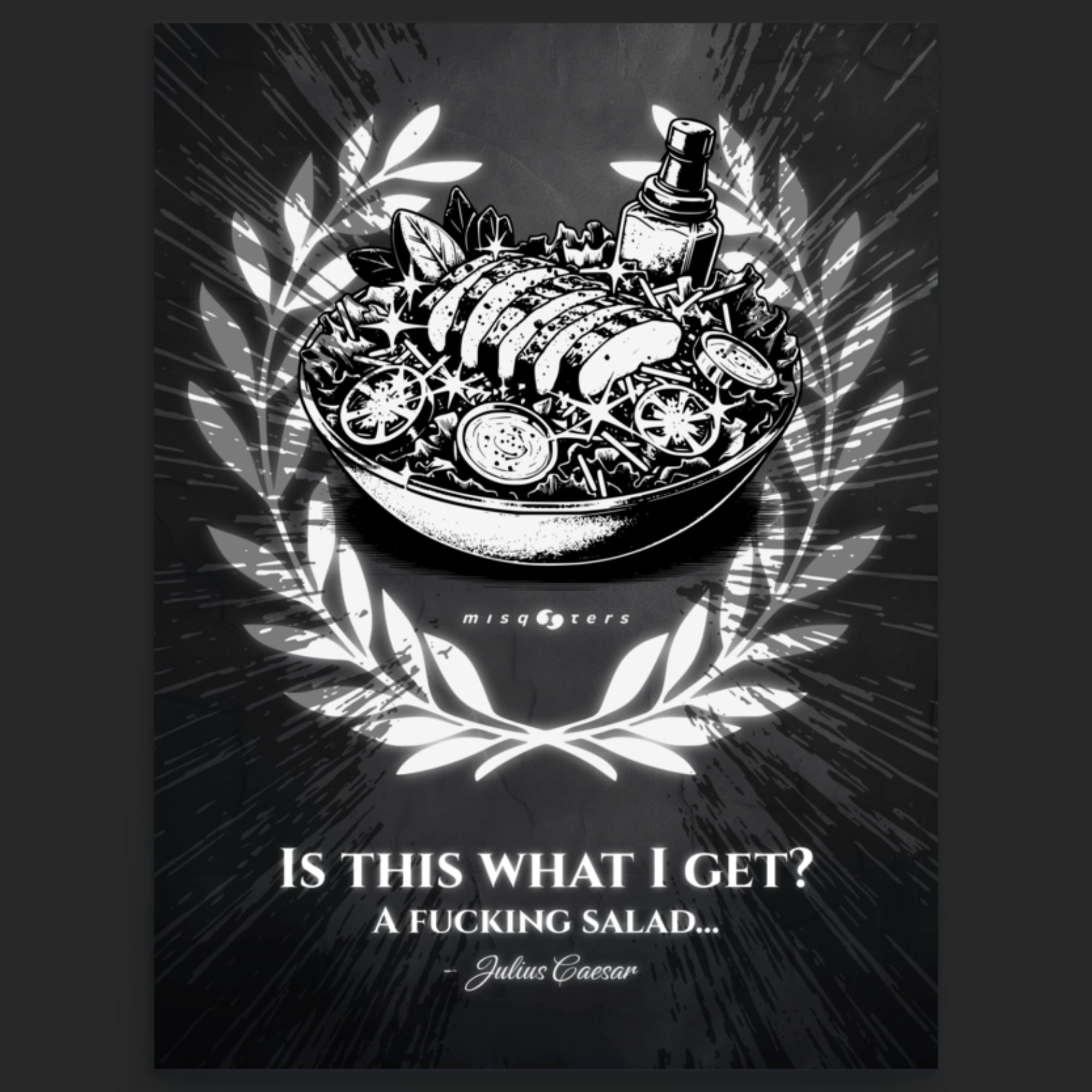 Black and white illustration of a salad with text on a dark background