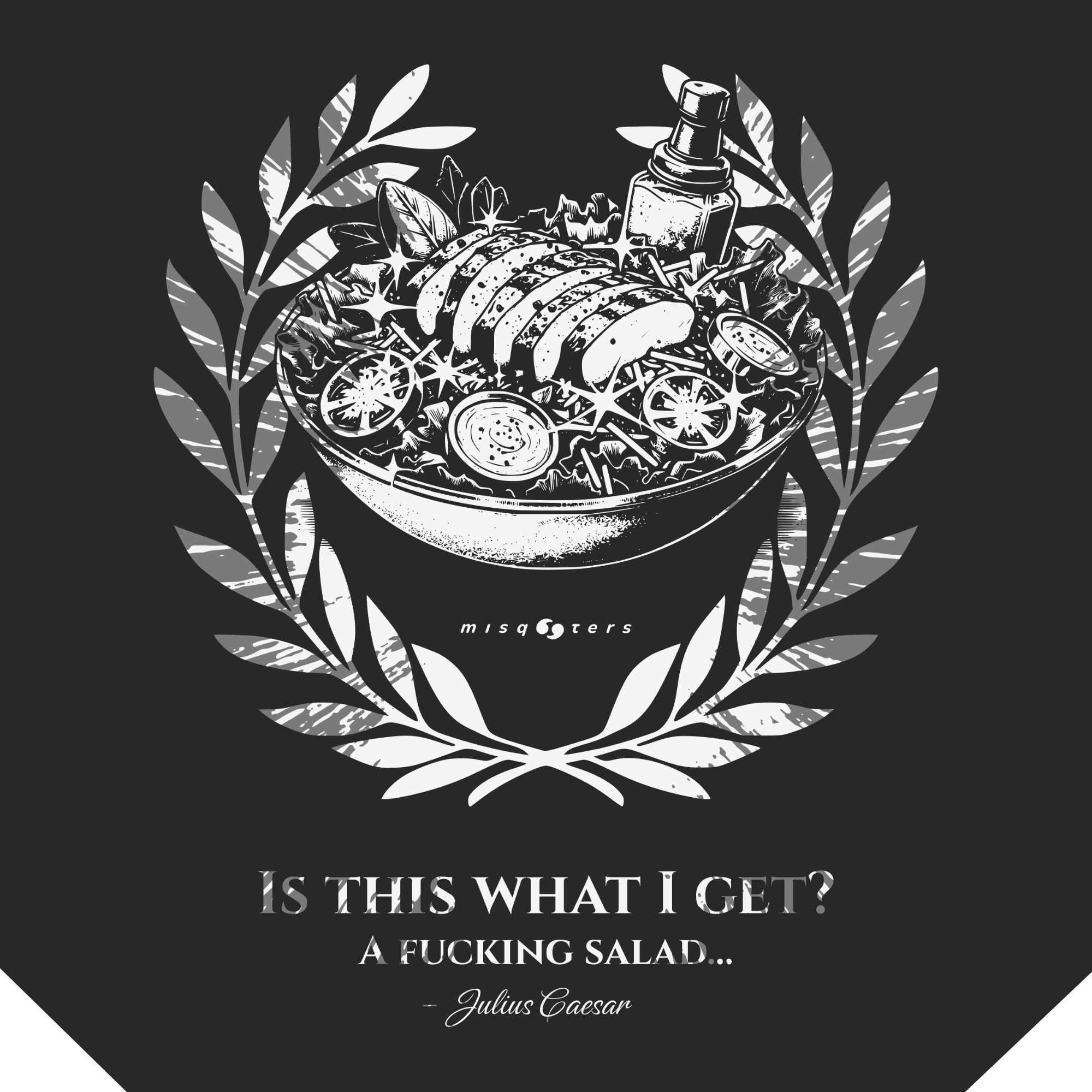 Black and white illustration of a salad with text on a black background