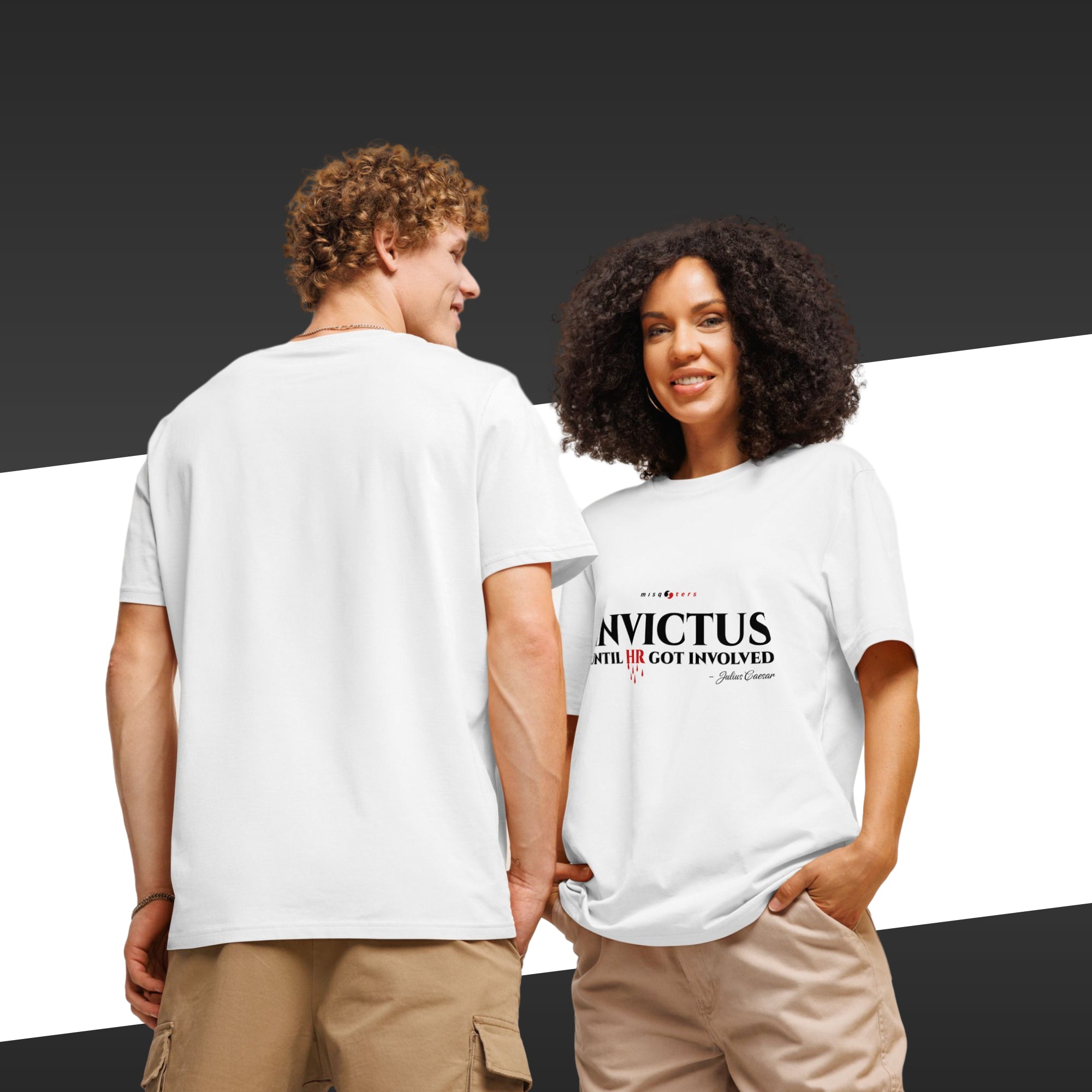 Two people wearing white t-shirts with a visible brand logo on a black background