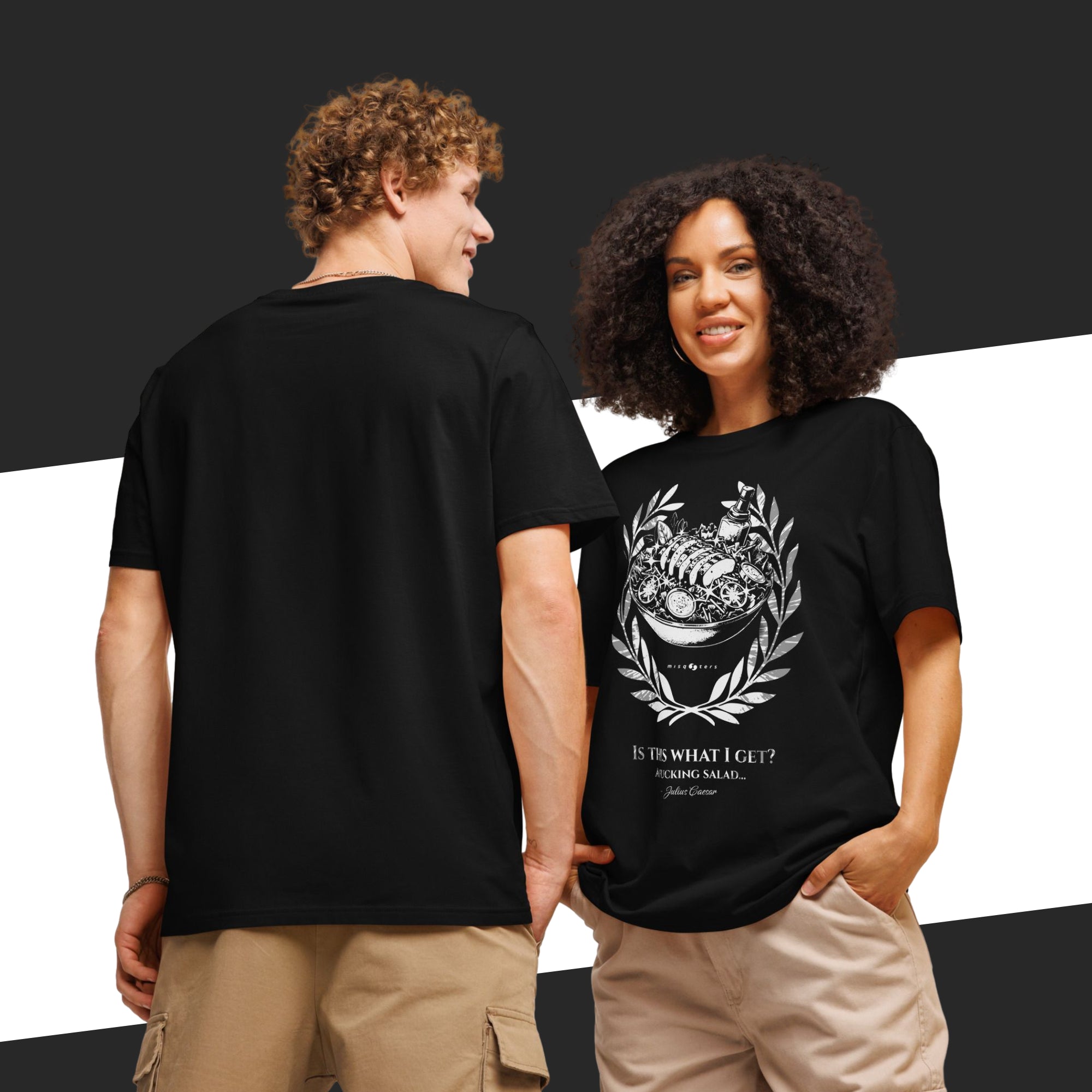 Two people wearing black t-shirts, one with a design and text on the front, the other with a plain back.