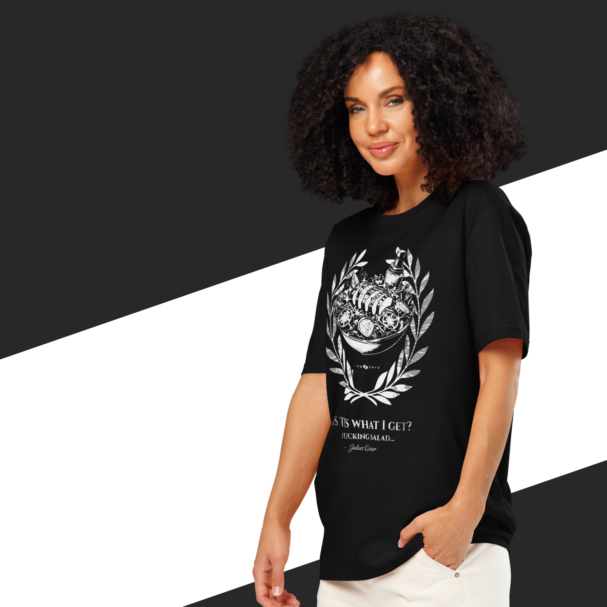Woman wearing a black t-shirt with white graphic design and text on a black and white background