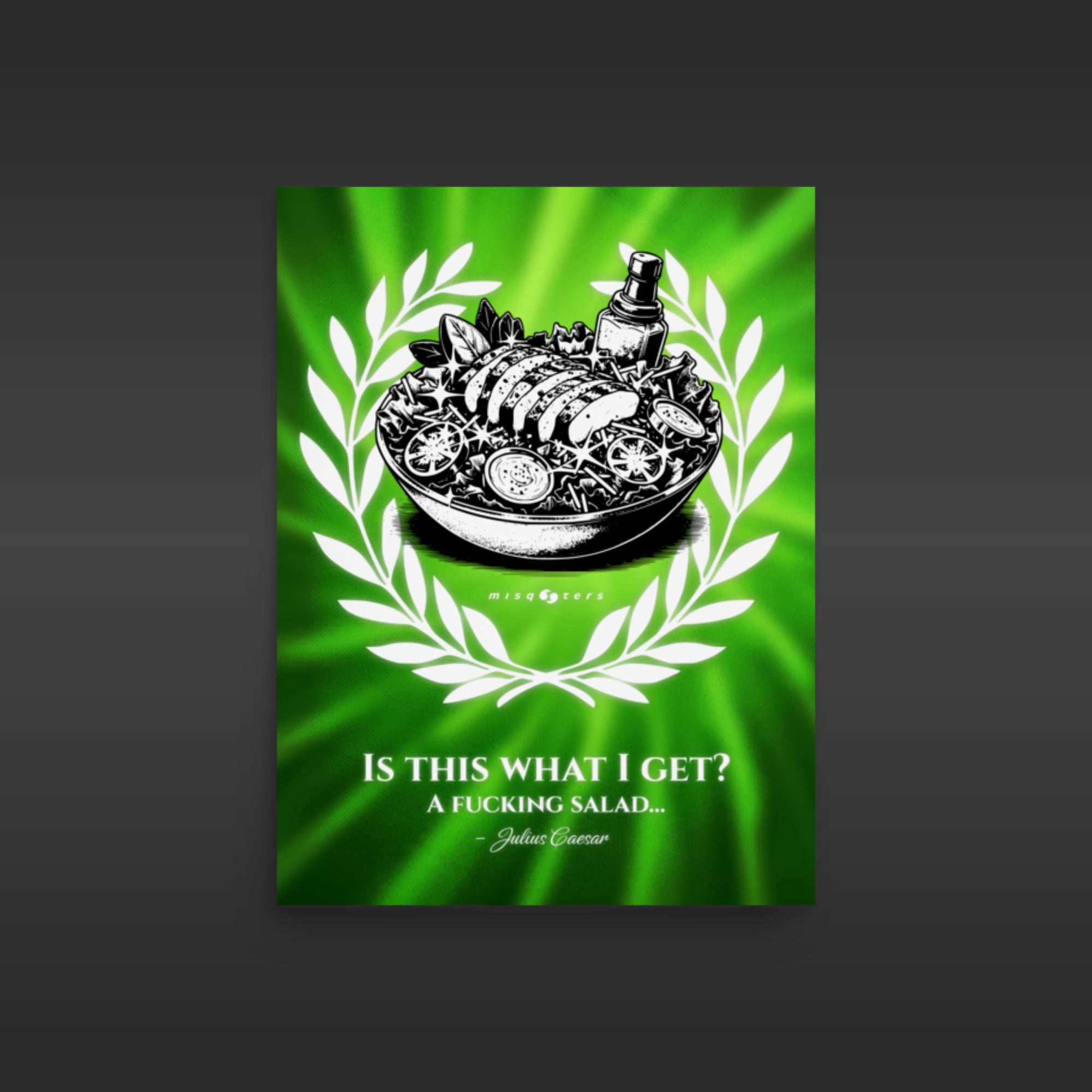 Poster with a black and white illustration of a salad on a green background with text.