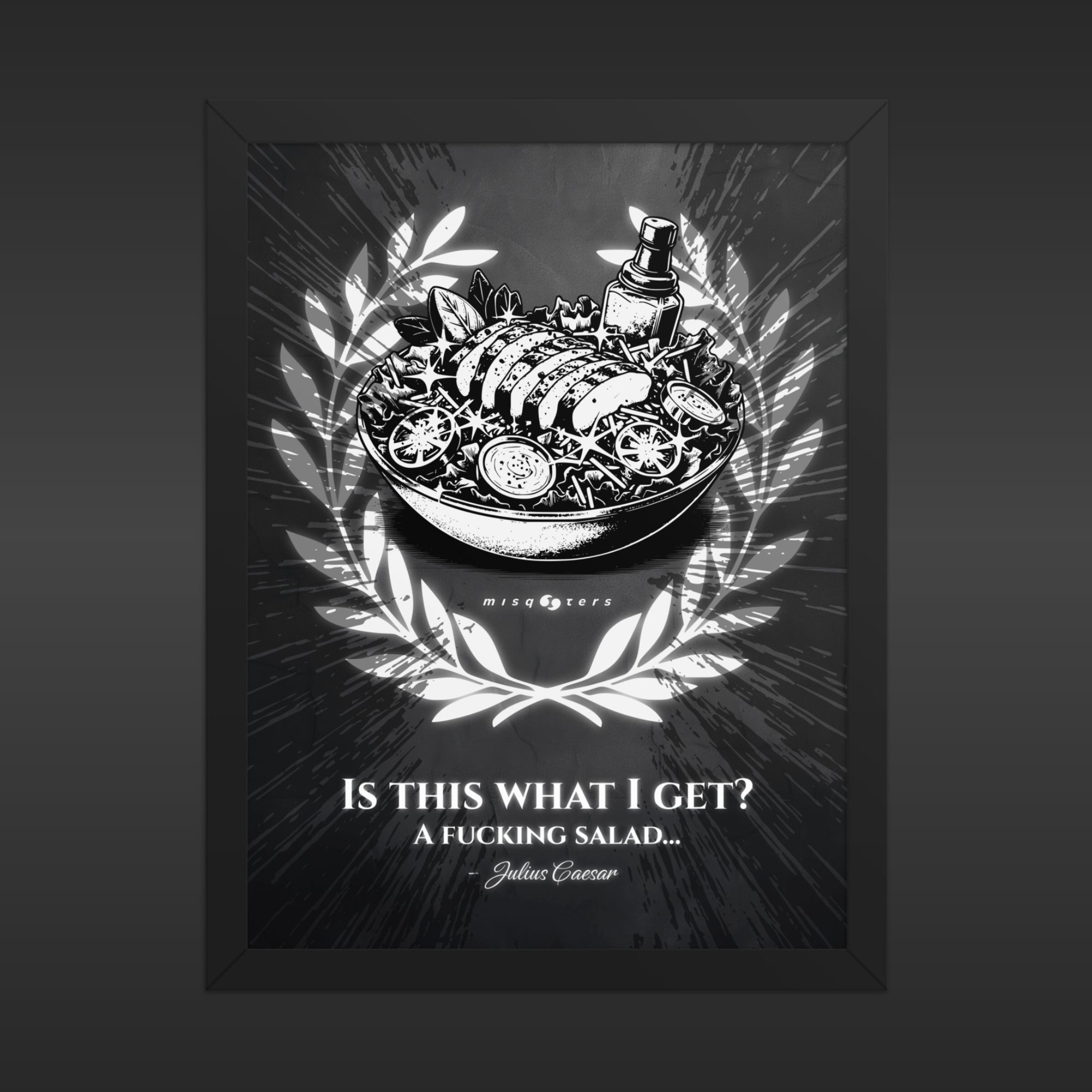 Framed artwork with a black and white illustration of a salad and text on a dark background