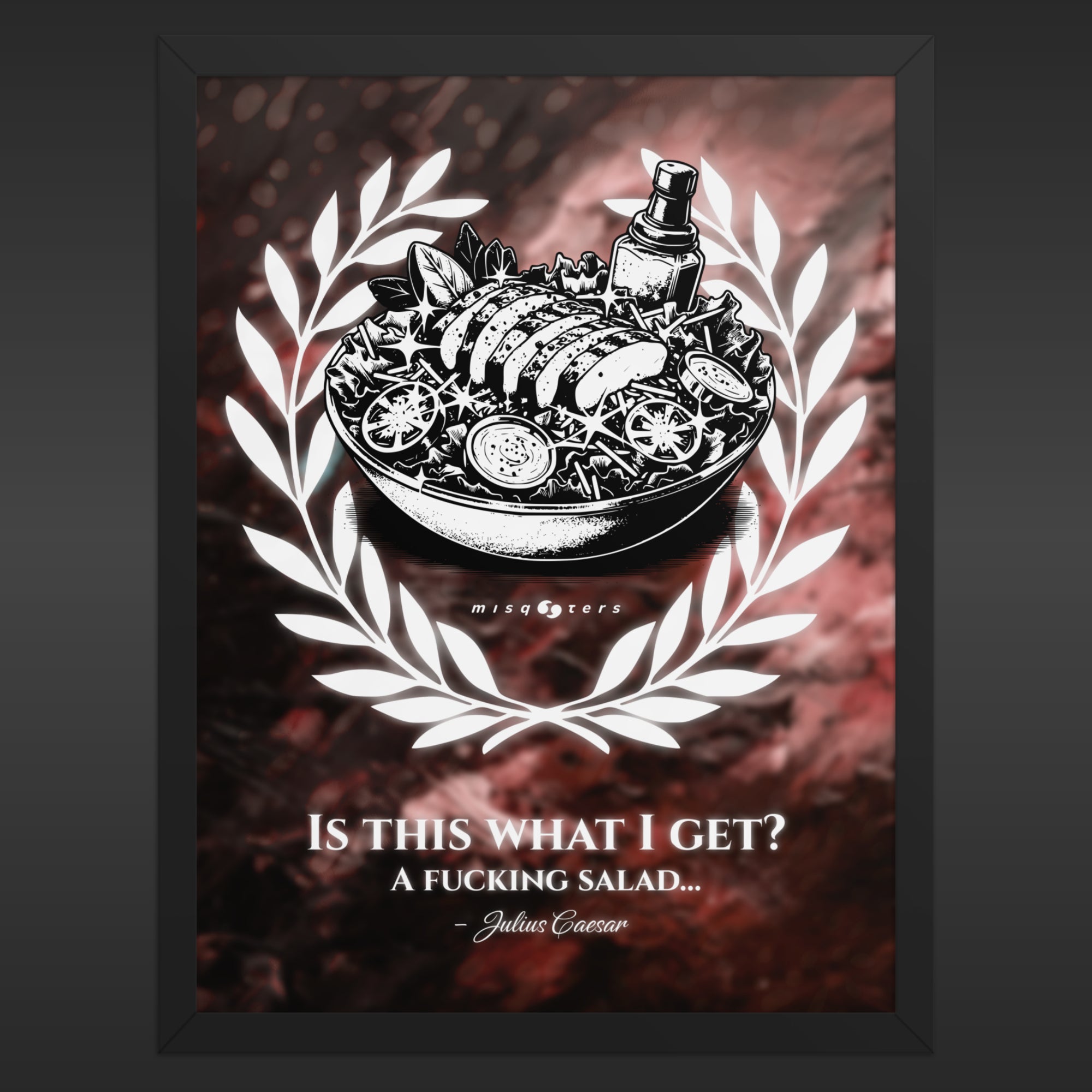 Framed artwork of a salad with text on a dark background