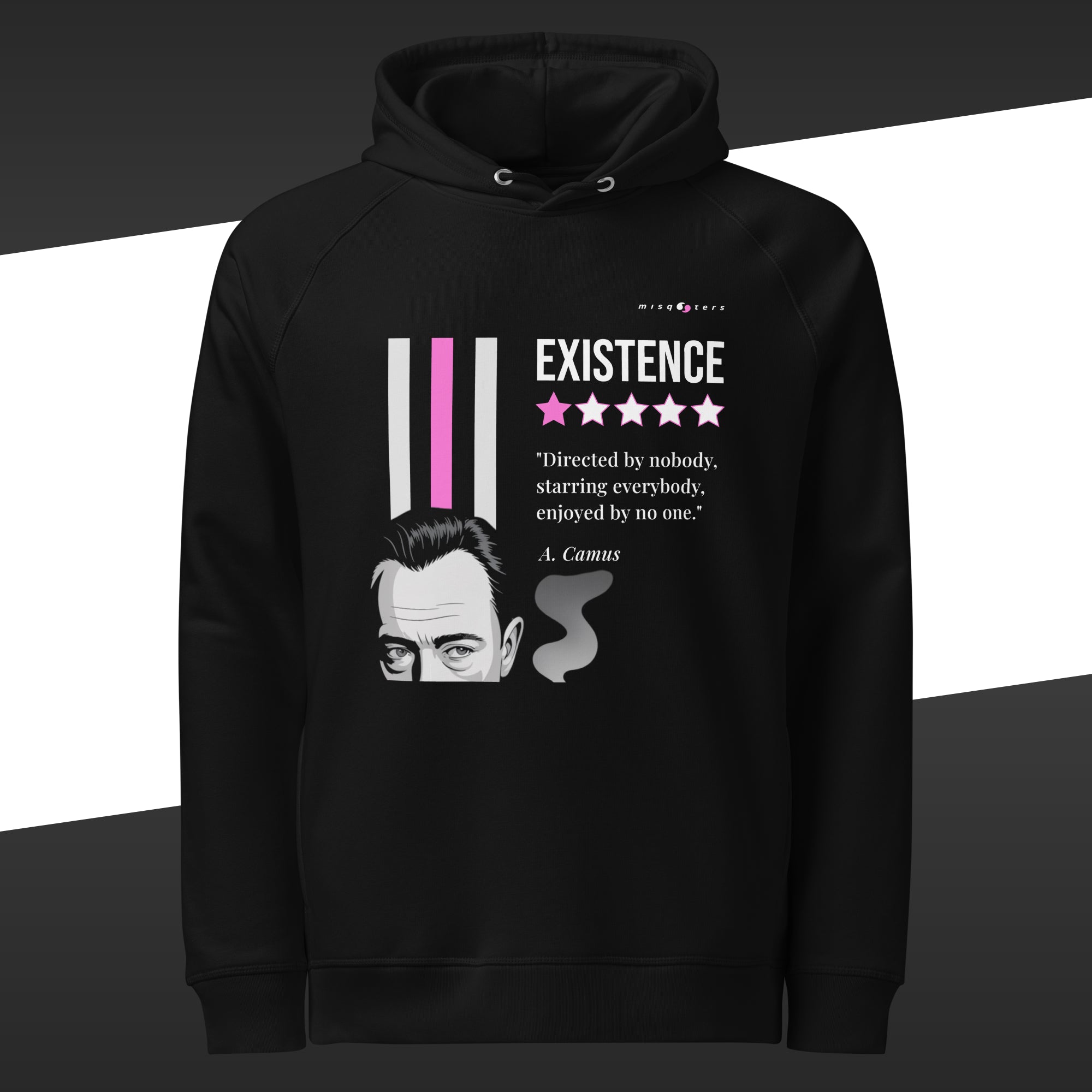 Black hoodie with a white and magenta graphic design featuring a quote by A. Camus on a black and white background