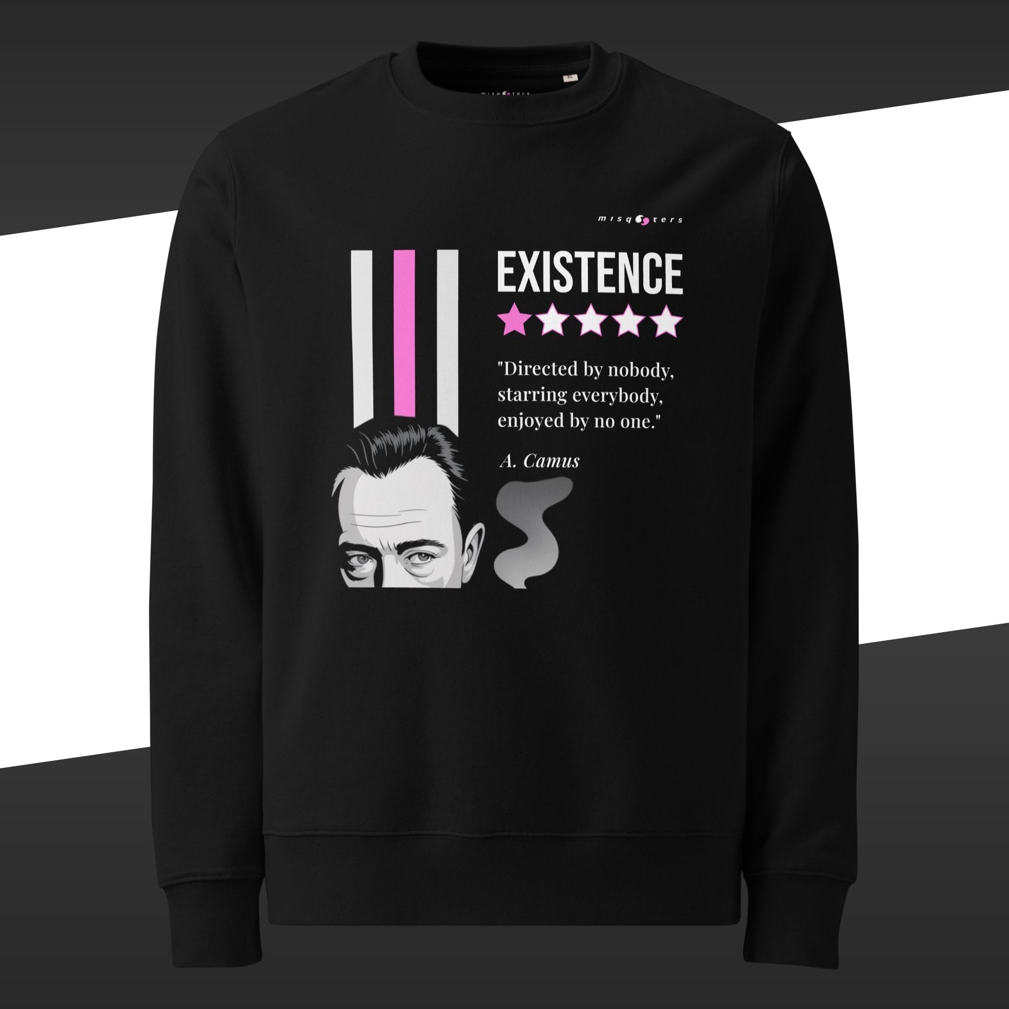 Black sweatshirt with a magenta and white graphic design featuring a quote by A. Camus on a white background