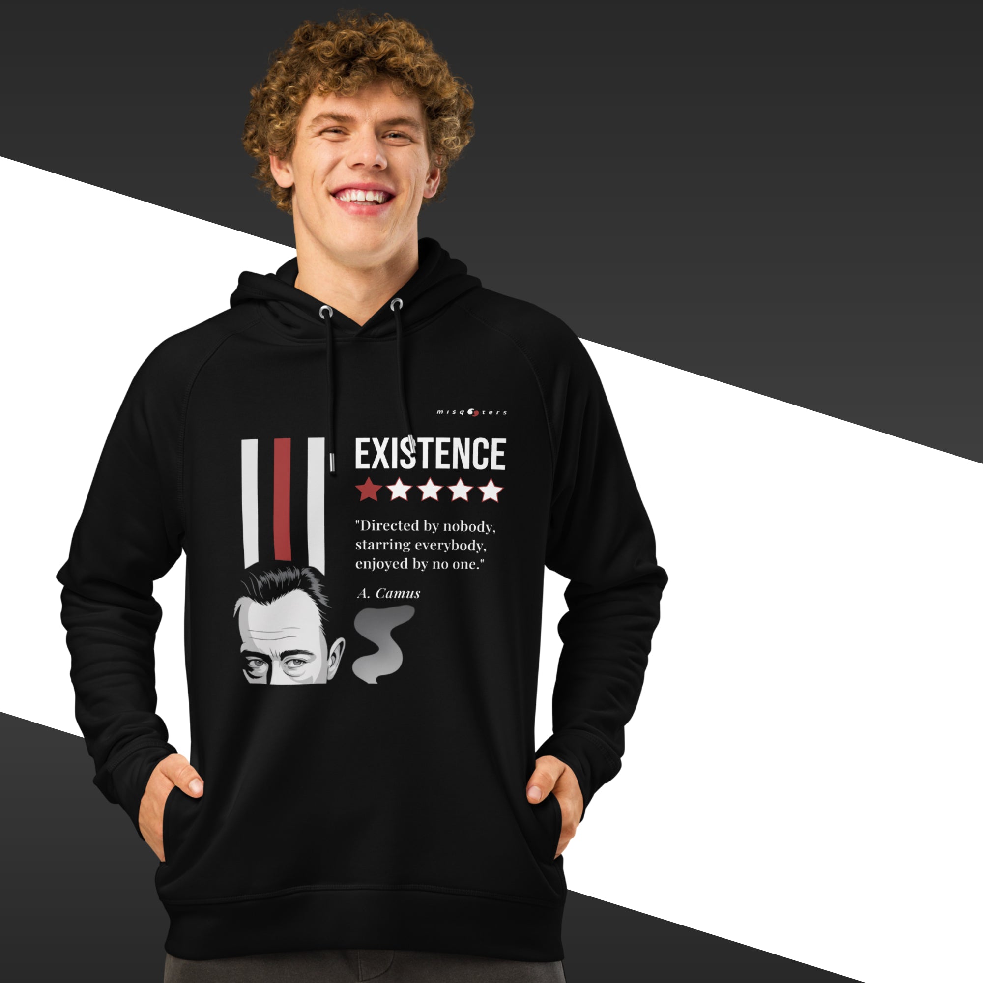 Person wearing a black hoodie with a graphic design and text on a black and white background