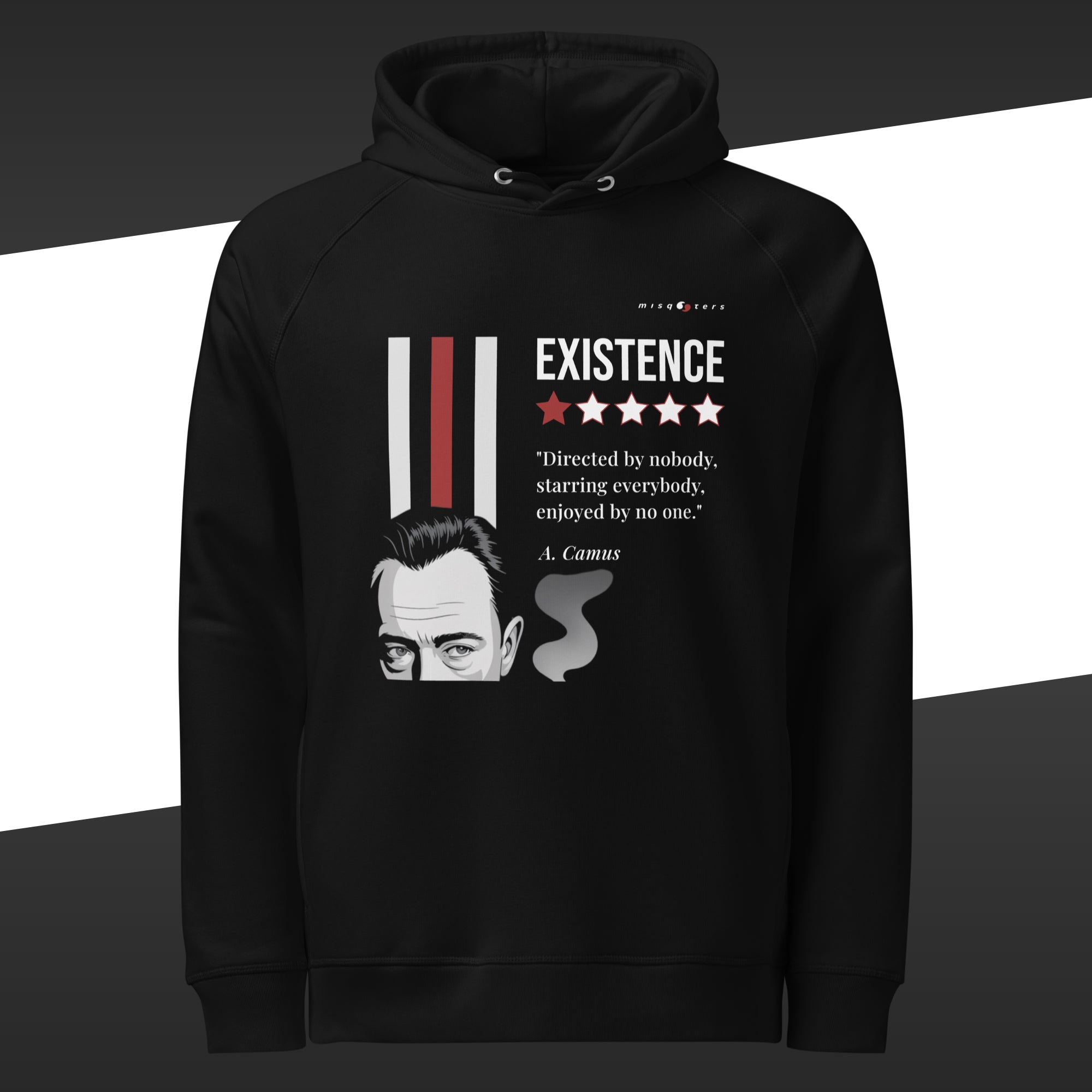 Black hoodie with a white and red graphic design featuring a quote by A. Camus on a black and white background