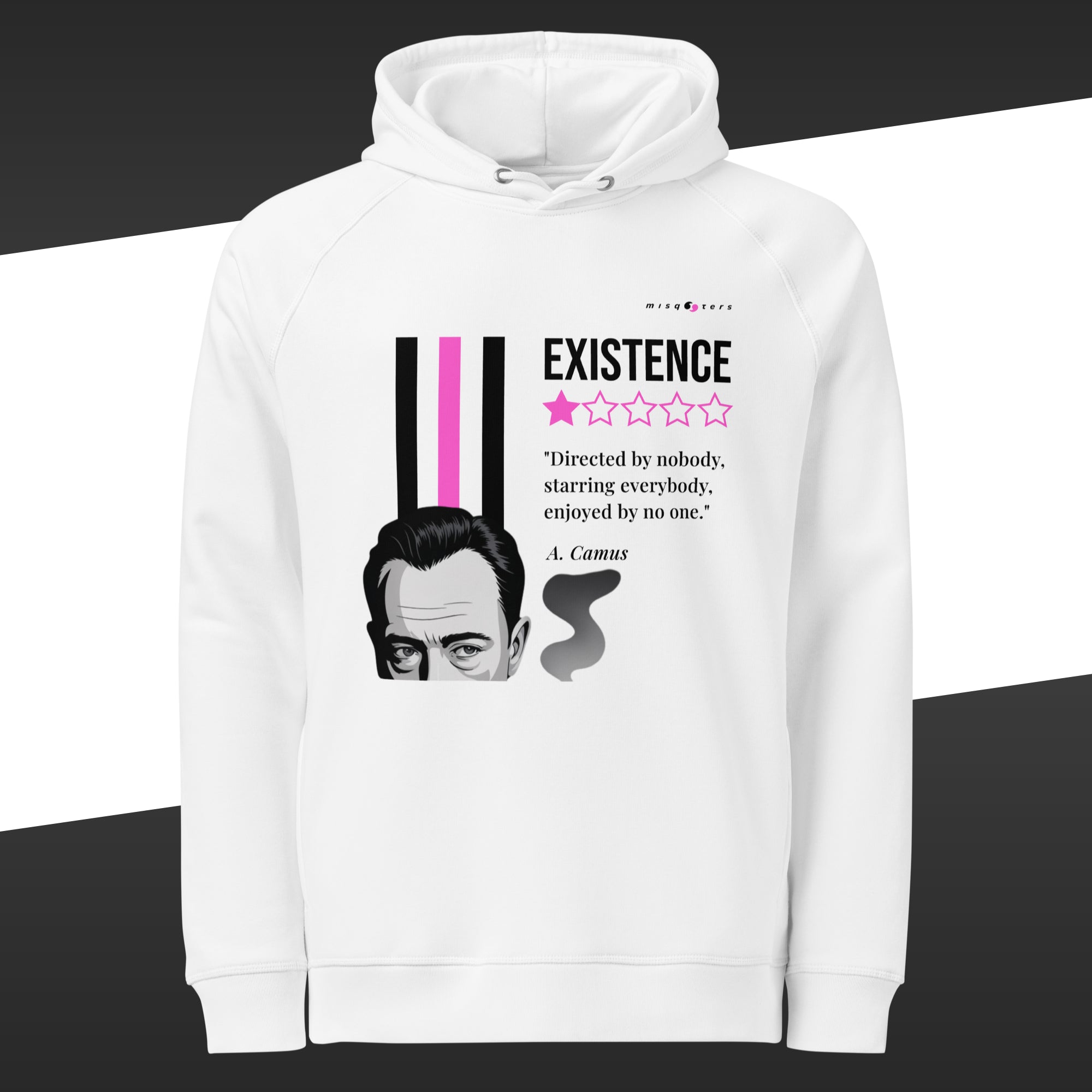 White hoodie with a white and magenta graphic design featuring a quote by A. Camus on a black and white background