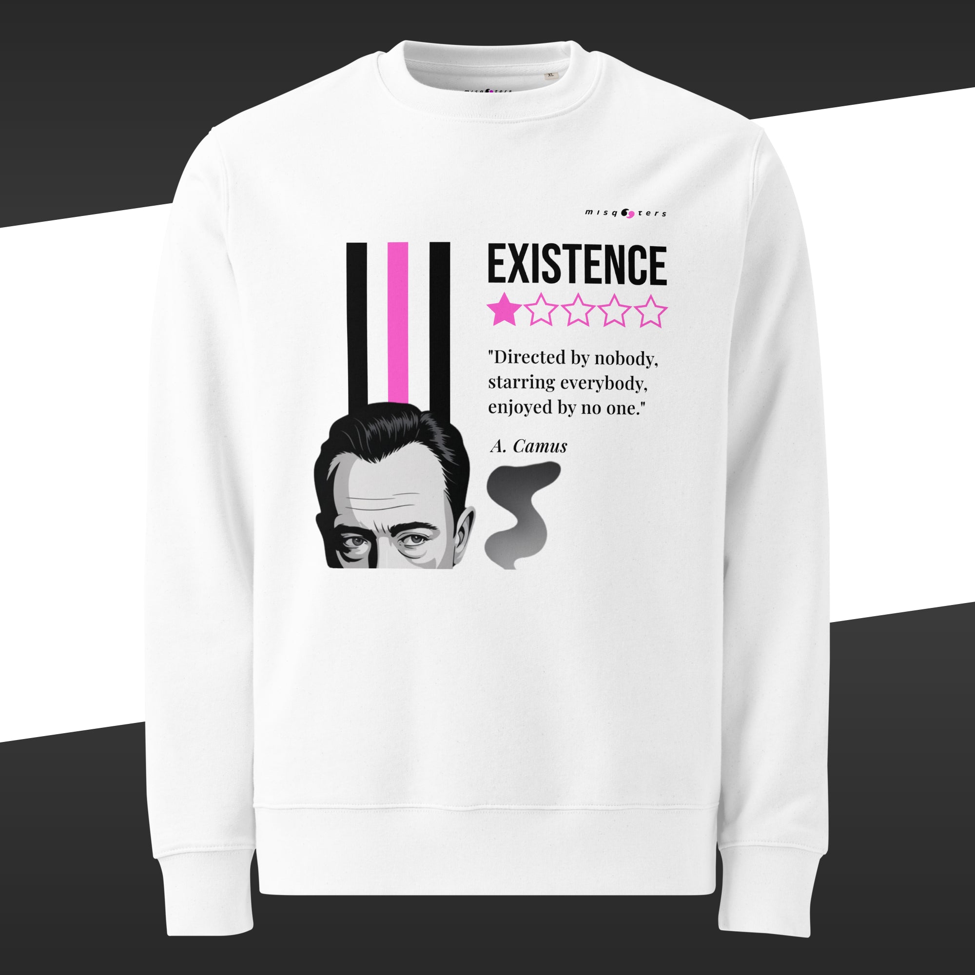White sweatshirt with a magenta and black graphic design featuring a quote by A. Camus on a white background