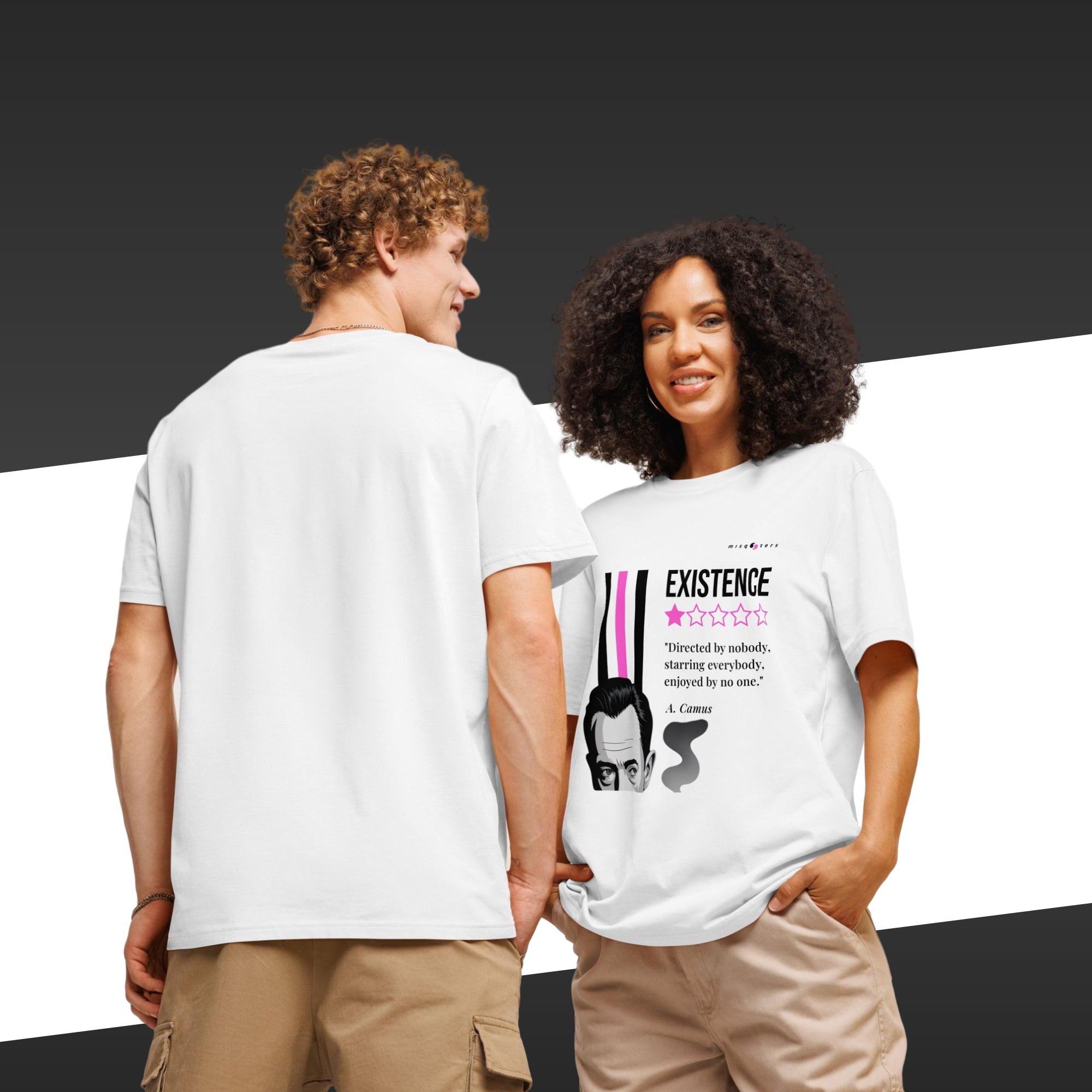 Couple wearing a white t-shirt with a white and magenta graphic of Albert Camus and a quote