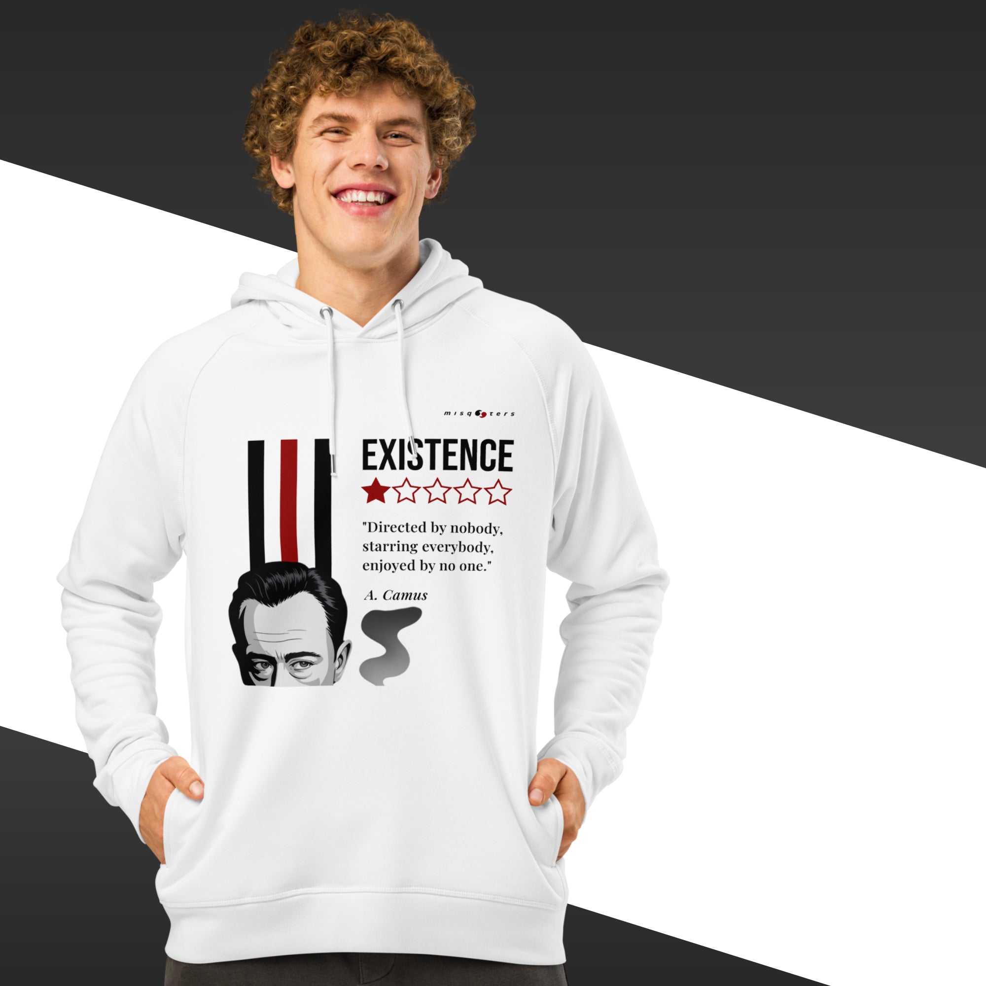 Person wearing a white hoodie with a graphic design and text on a black and white background