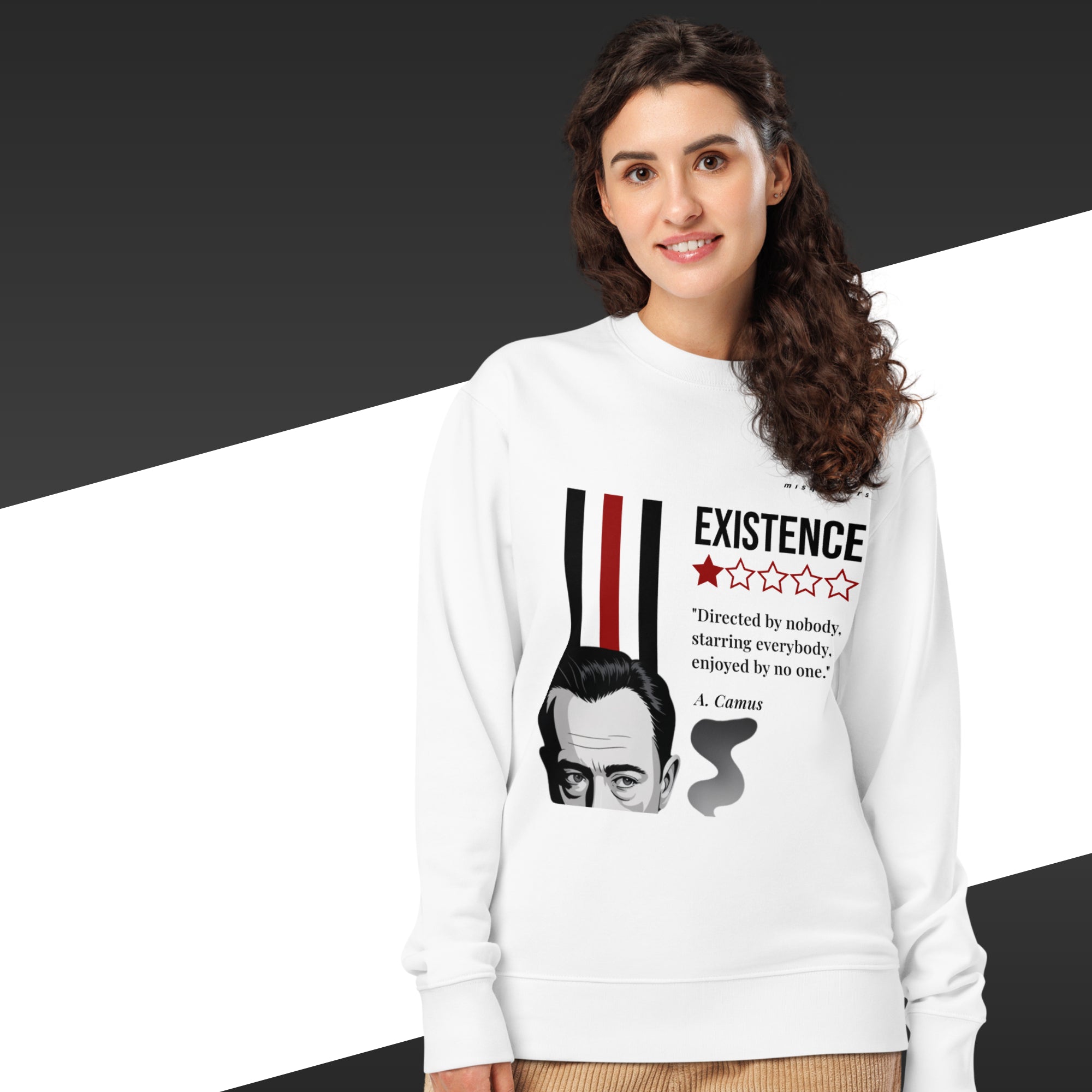 Woman wearing a white sweatshirt with a graphic design and text.