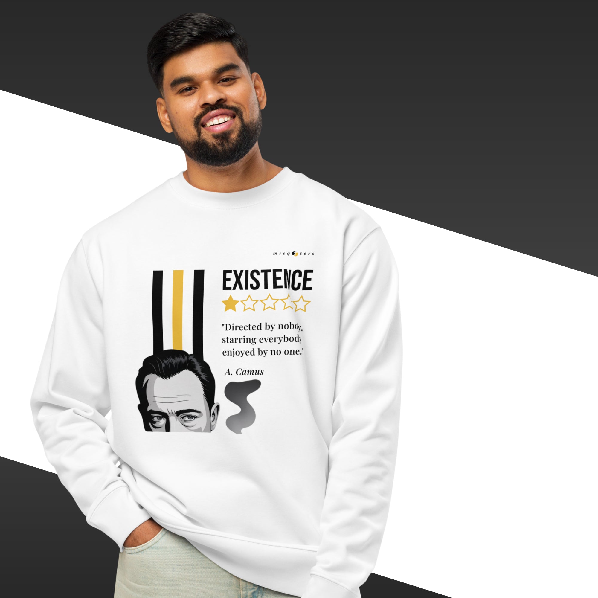 Person wearing a white sweatshirt with a graphic design and text.