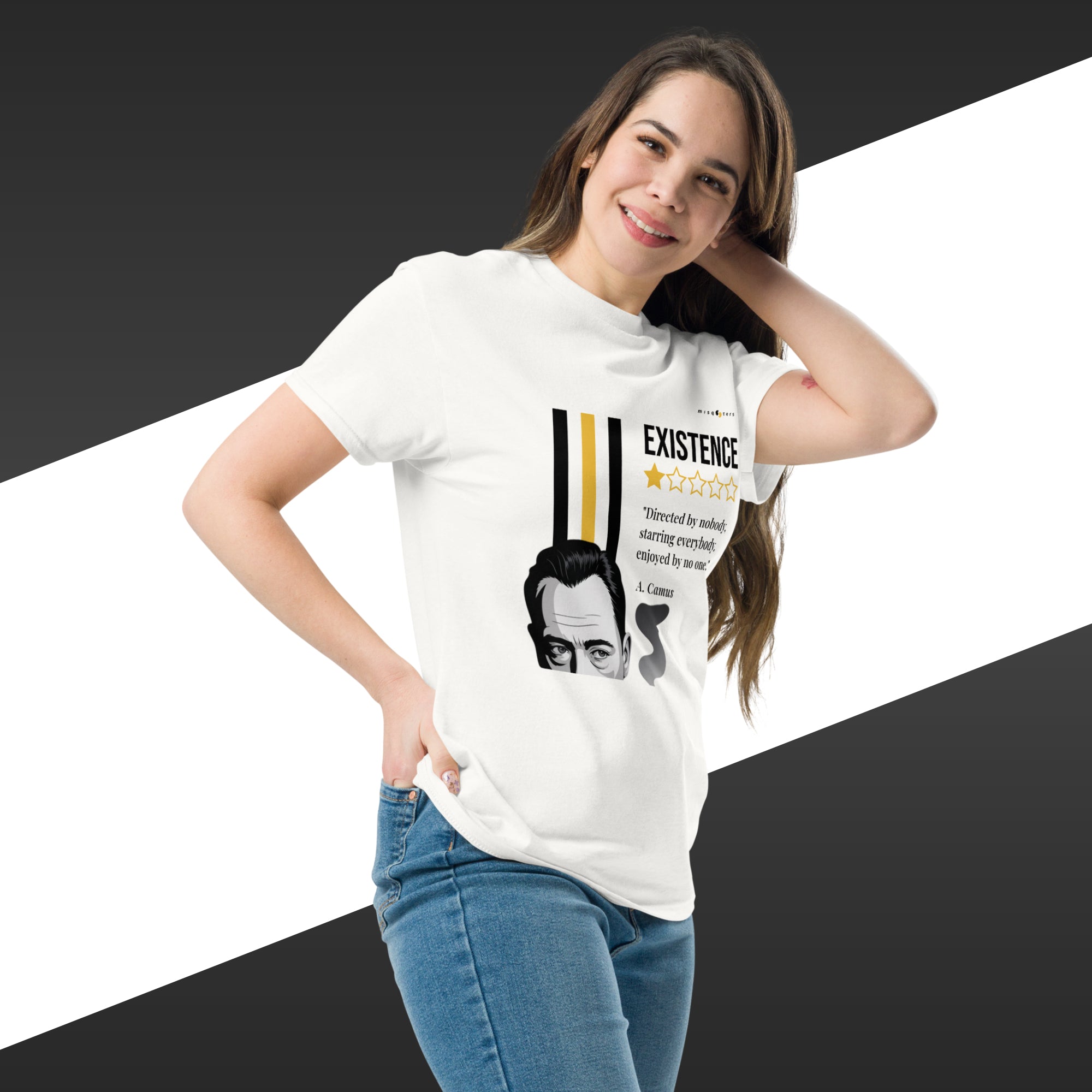 Woman wearing a white t-shirt with a graphic design and text, standing against a black and white background.
