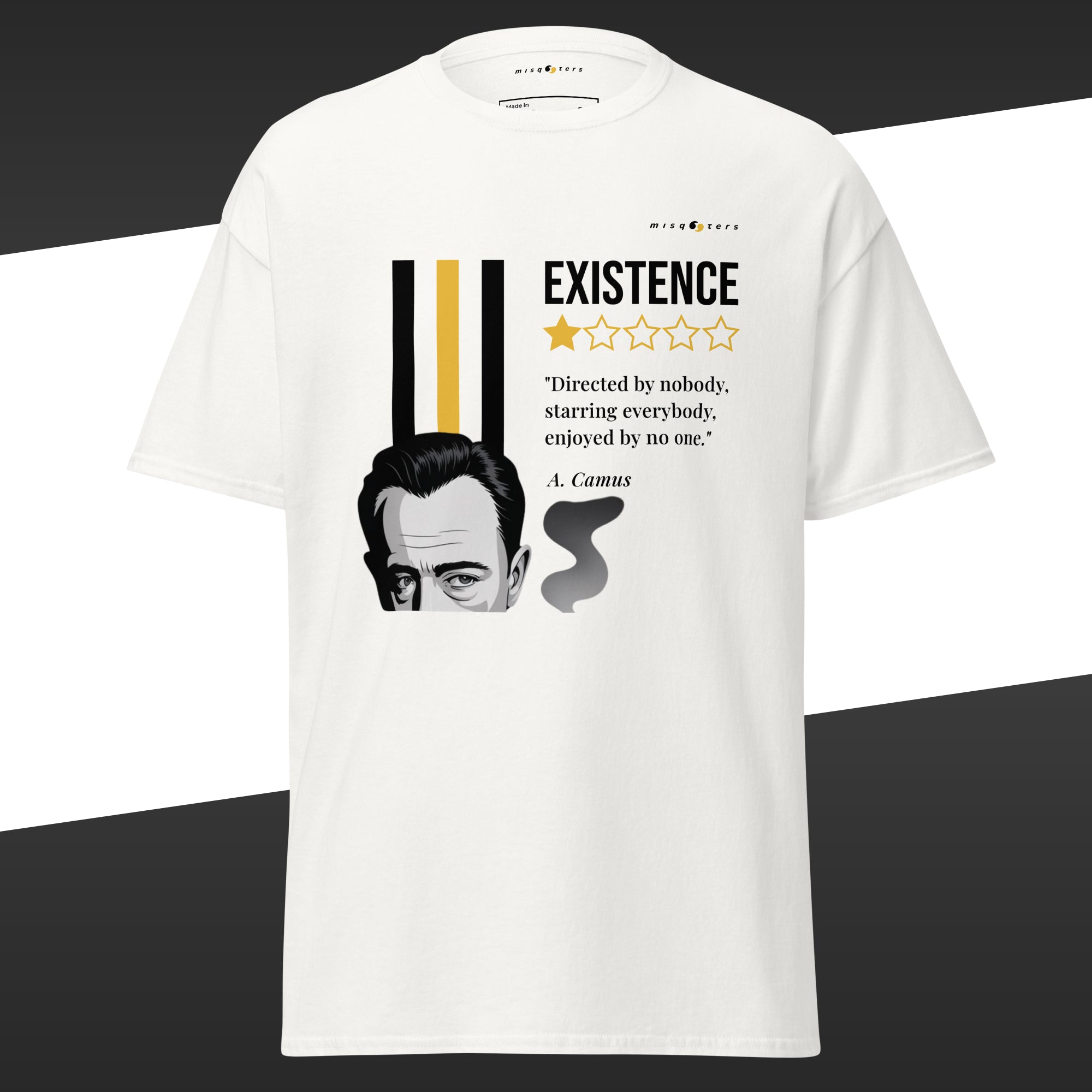 White t-shirt with graphic portrait of Albert Camus featuring the fake quote "Existence, 1 star, directed by nobody, starring everybody, enjoyed by no one" in yellow