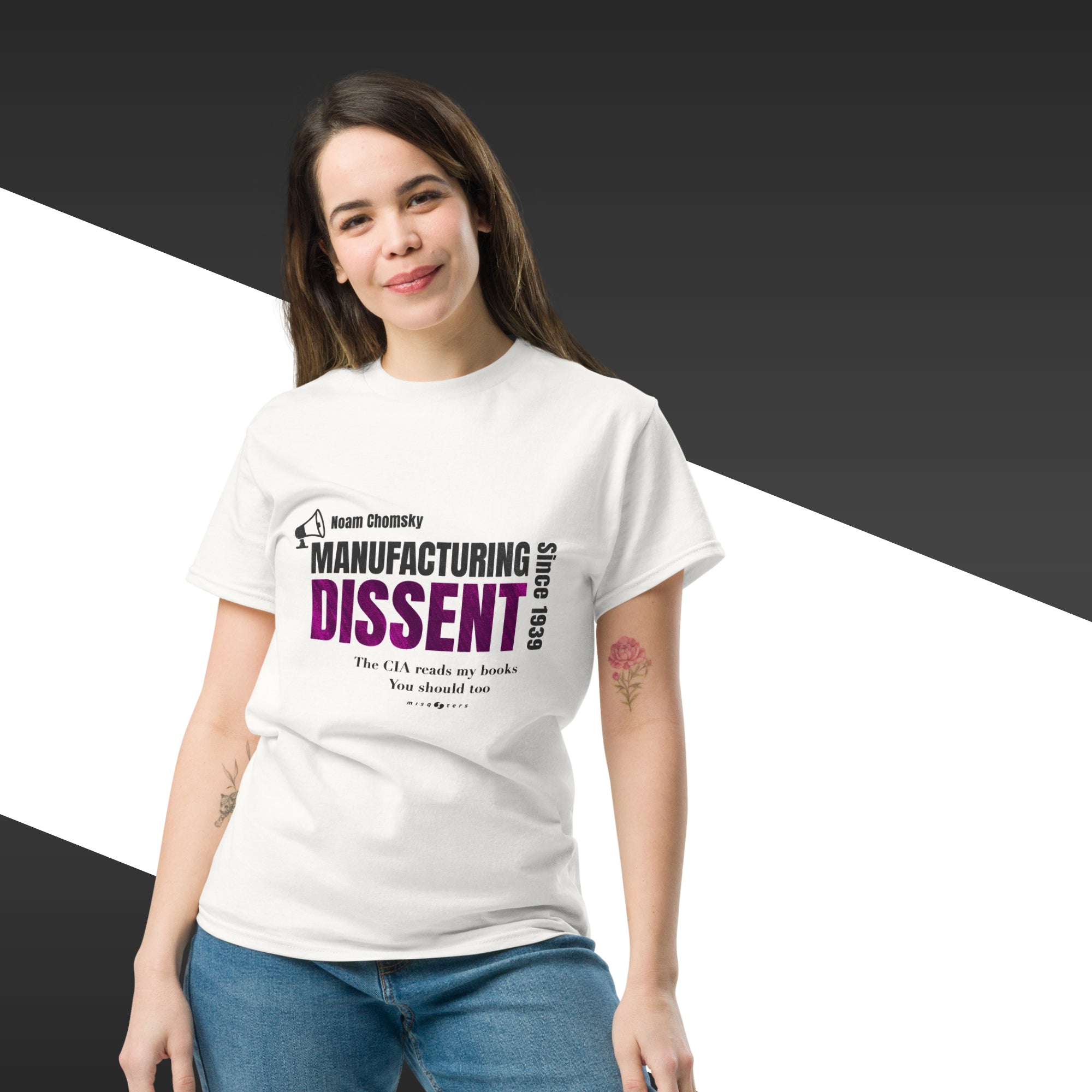 mock up of a guy with a white t-shirt quoting chomsky saying "Manufacturing Dissent".