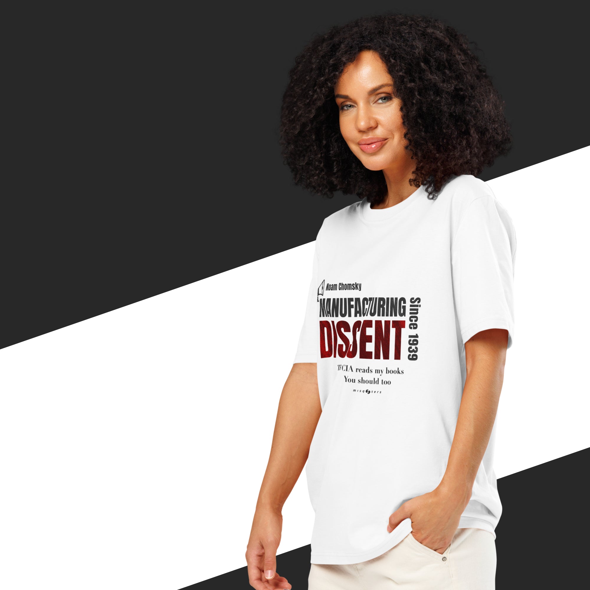 Woman wearing a white t-shirt with text on a black and white background