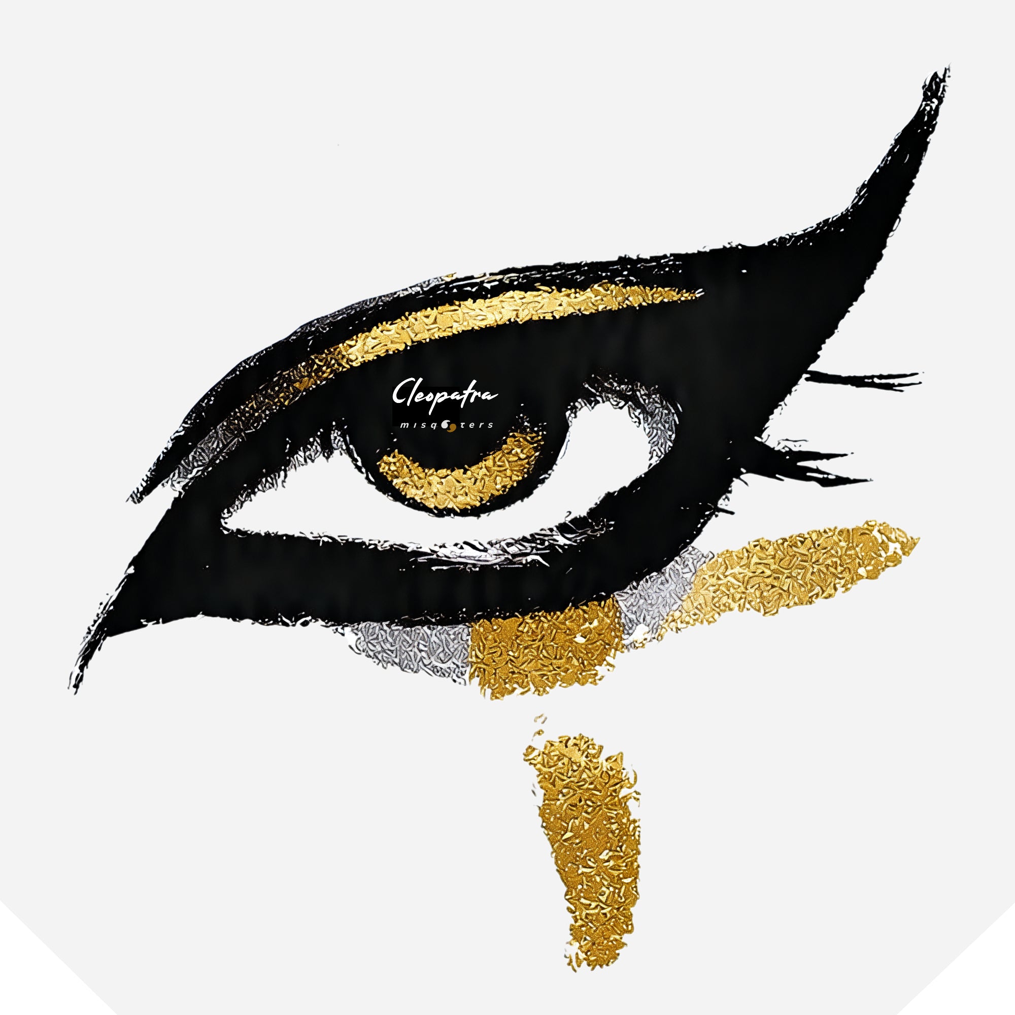 Artistic depiction of an eye with black, gold, and white colors on a light gray background.