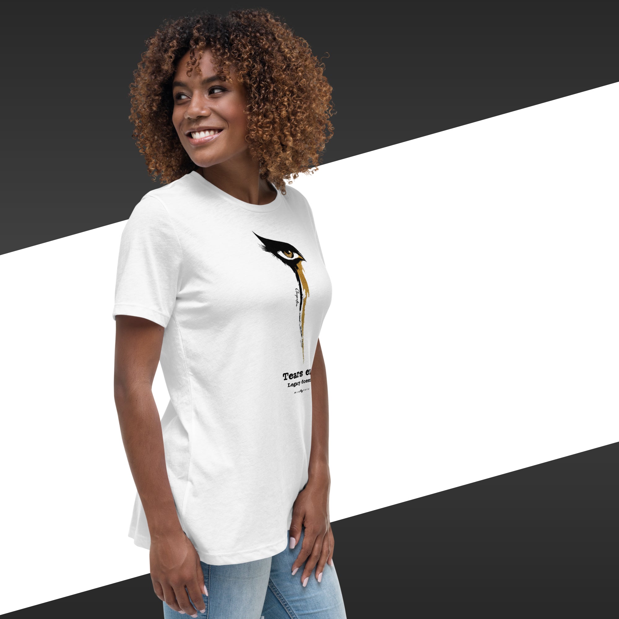 Woman wearing a white t-shirt with a graphic design on a black and white background