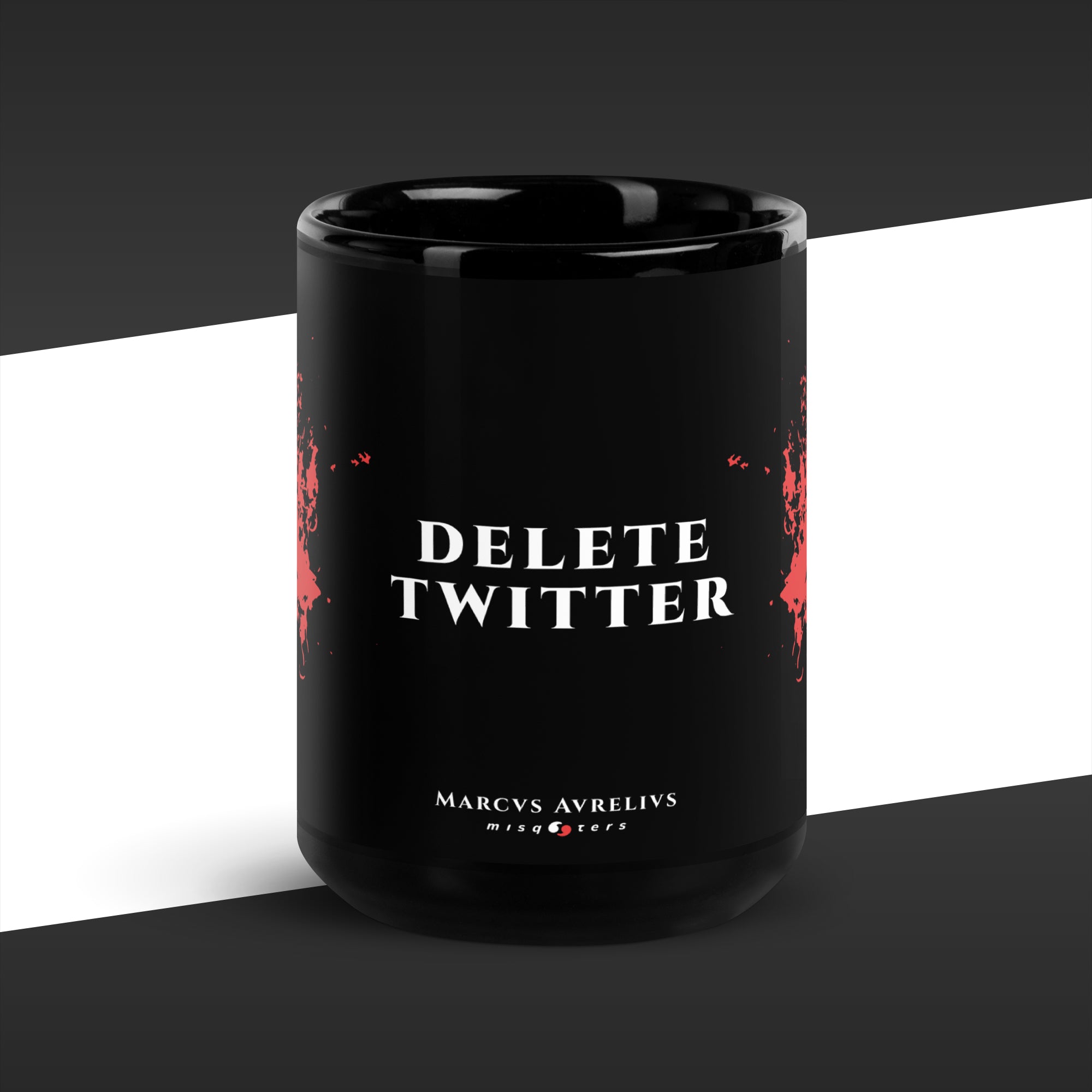 Black mug with 'DELETE TWITTER' text on a black and white background