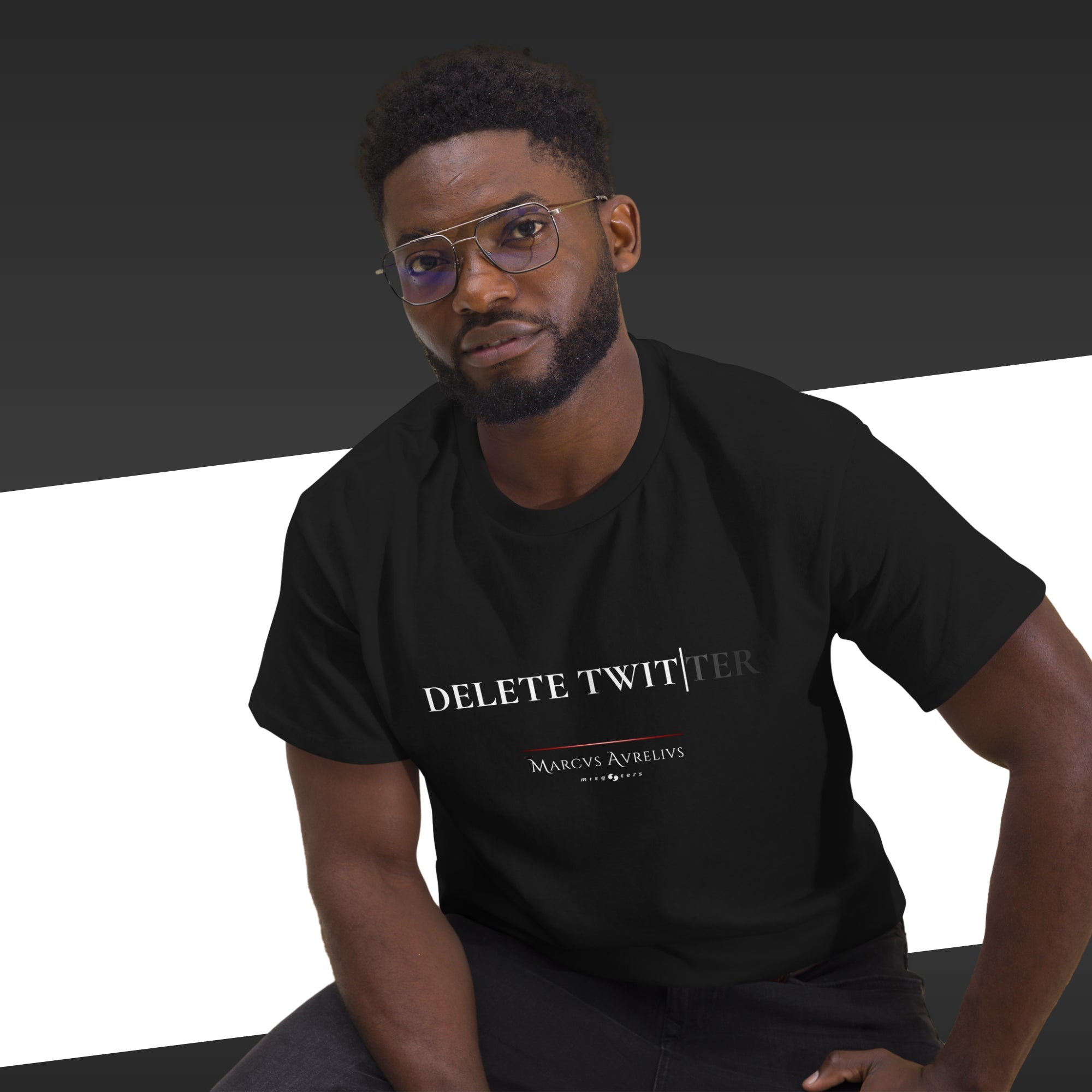 Delete Twitter - Marcus Aurelius | Classic tee - black t-shirt mockup on male model alternate pose