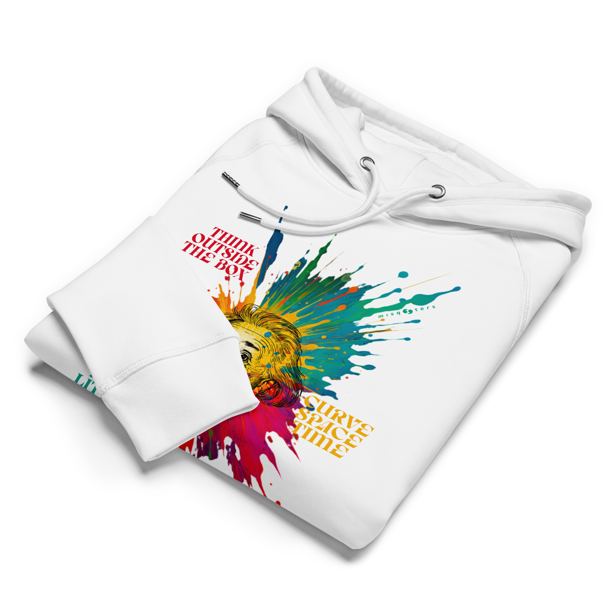 White hoodie with colorful graphic design on a white background