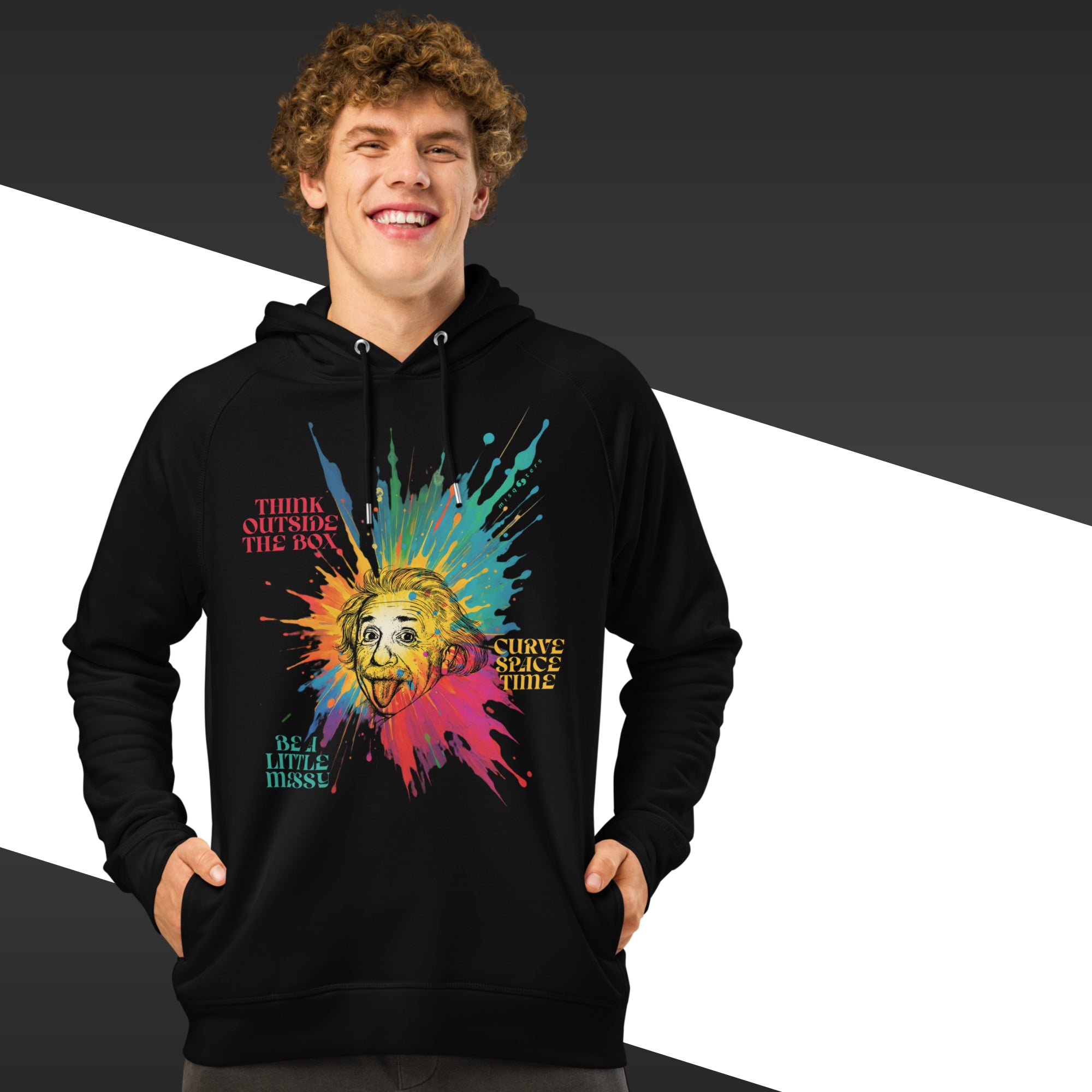 Person wearing a black hoodie with colorful graphic design and text.