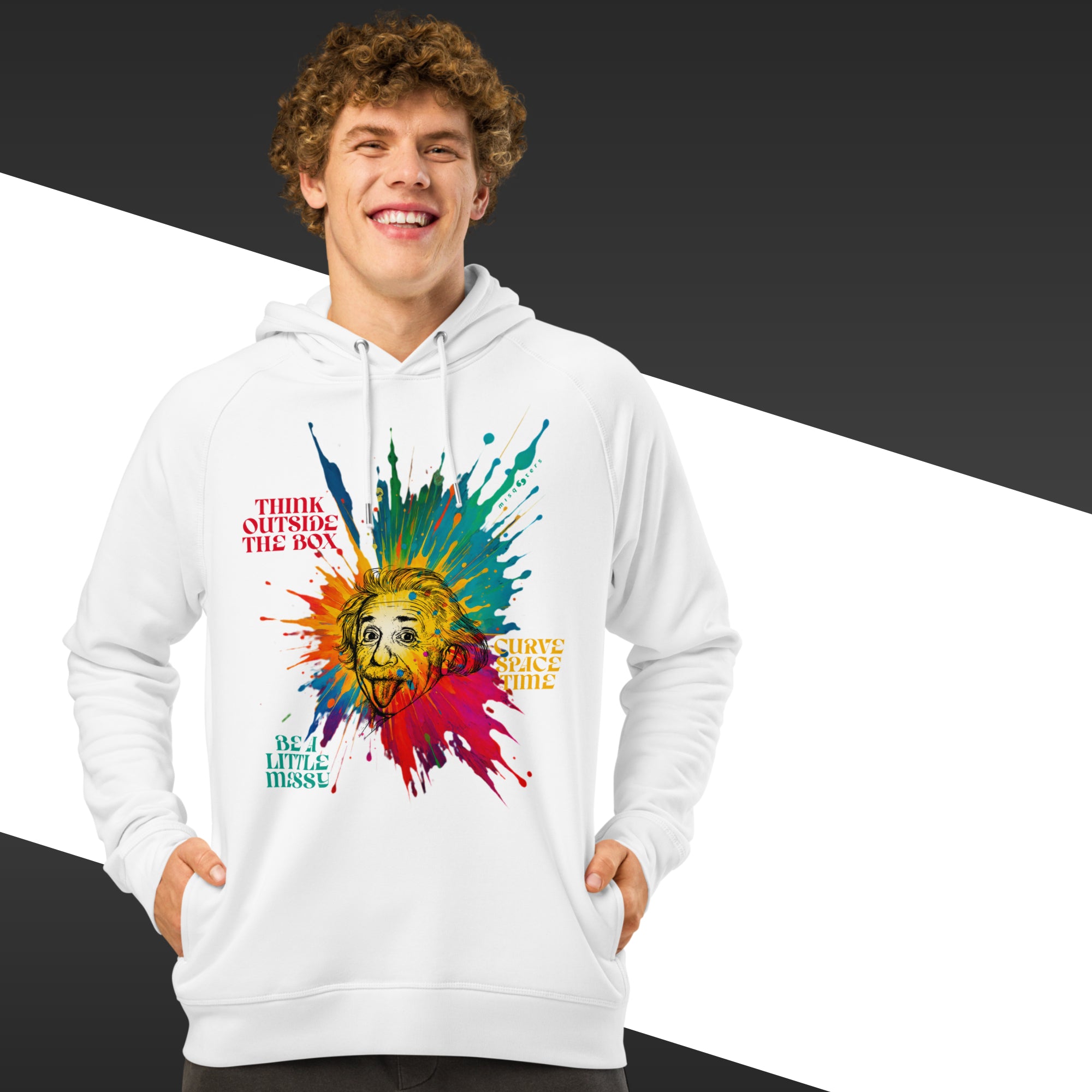 Person wearing a white hoodie with a colorful graphic design and text.