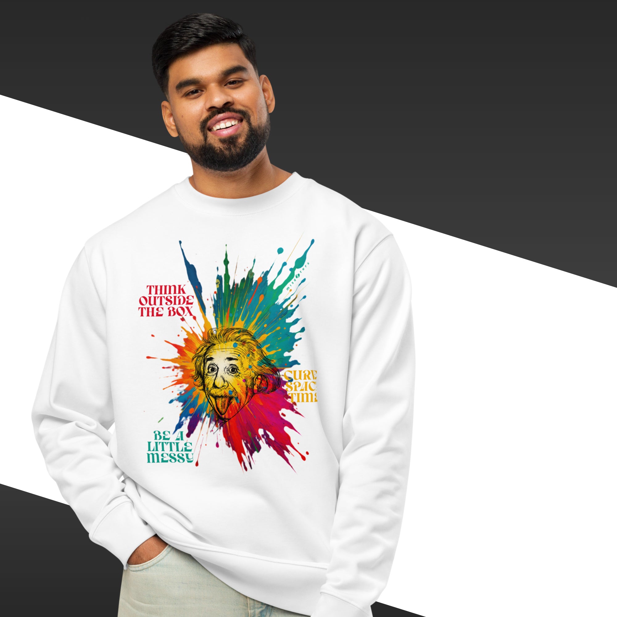 Man wearing a white sweatshirt with a colorful graphic design and text.