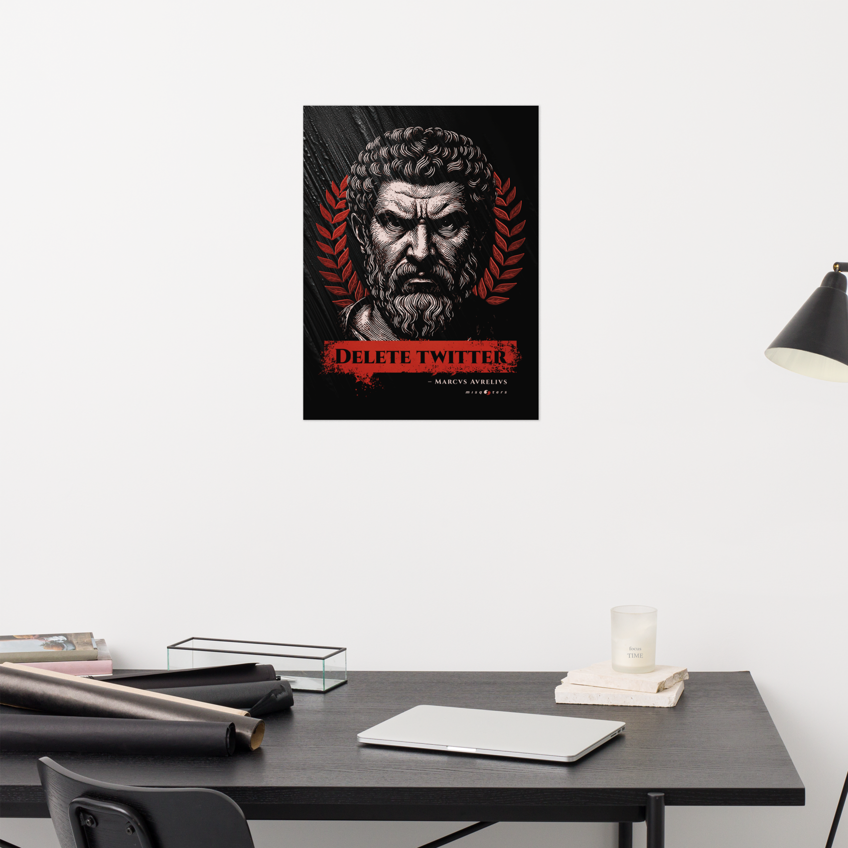 Product mockup of a poster of marcus aurelius hanging on the wall above a desk in an office