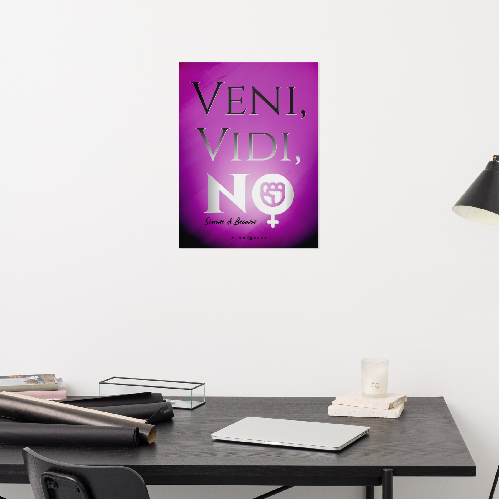 Purple poster with 'VENI, VIDI, NO' text on a wall above a desk.