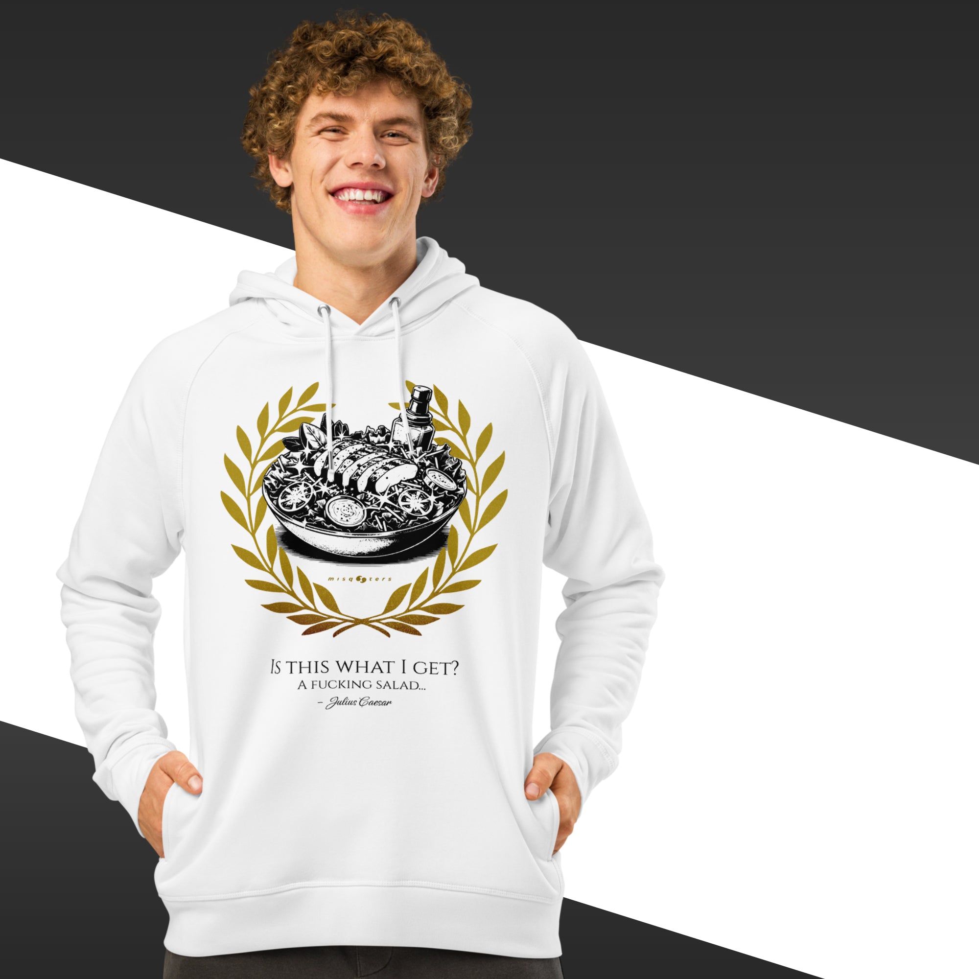 Person wearing a white hoodie with a graphic design and text on a black and white background