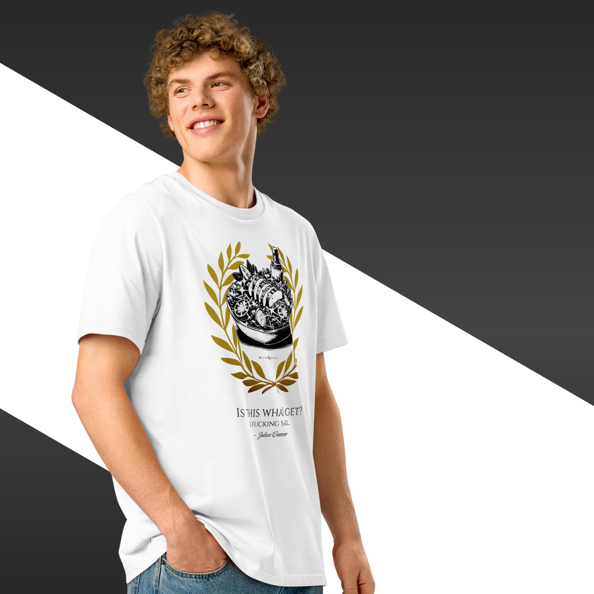 Person wearing a white t-shirt with a graphic design and text