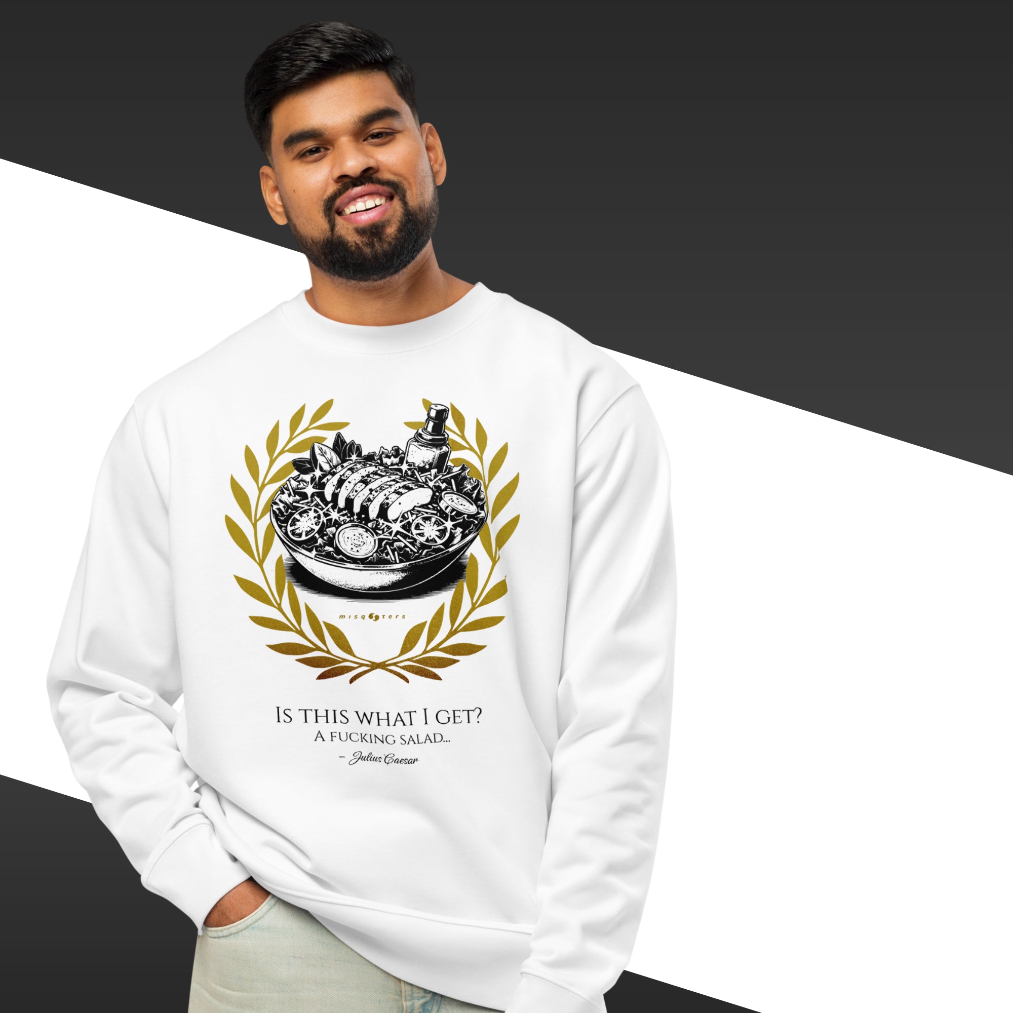 Man wearing a white sweatshirt with a graphic design and text.