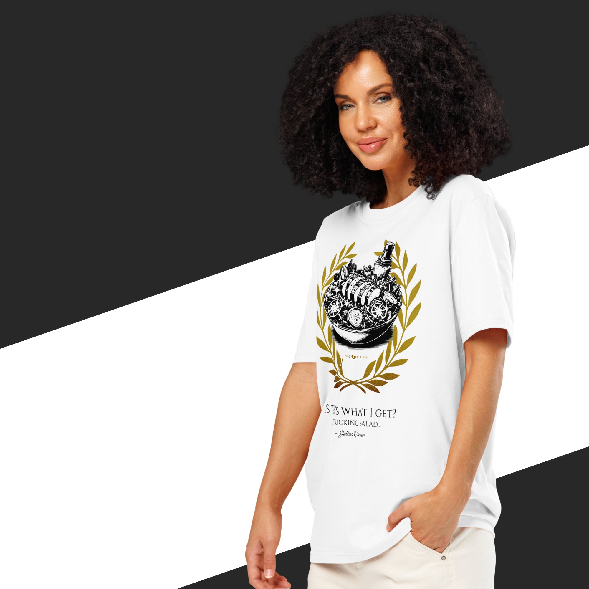Woman wearing a white t-shirt with a graphic design and text on a black and white background
