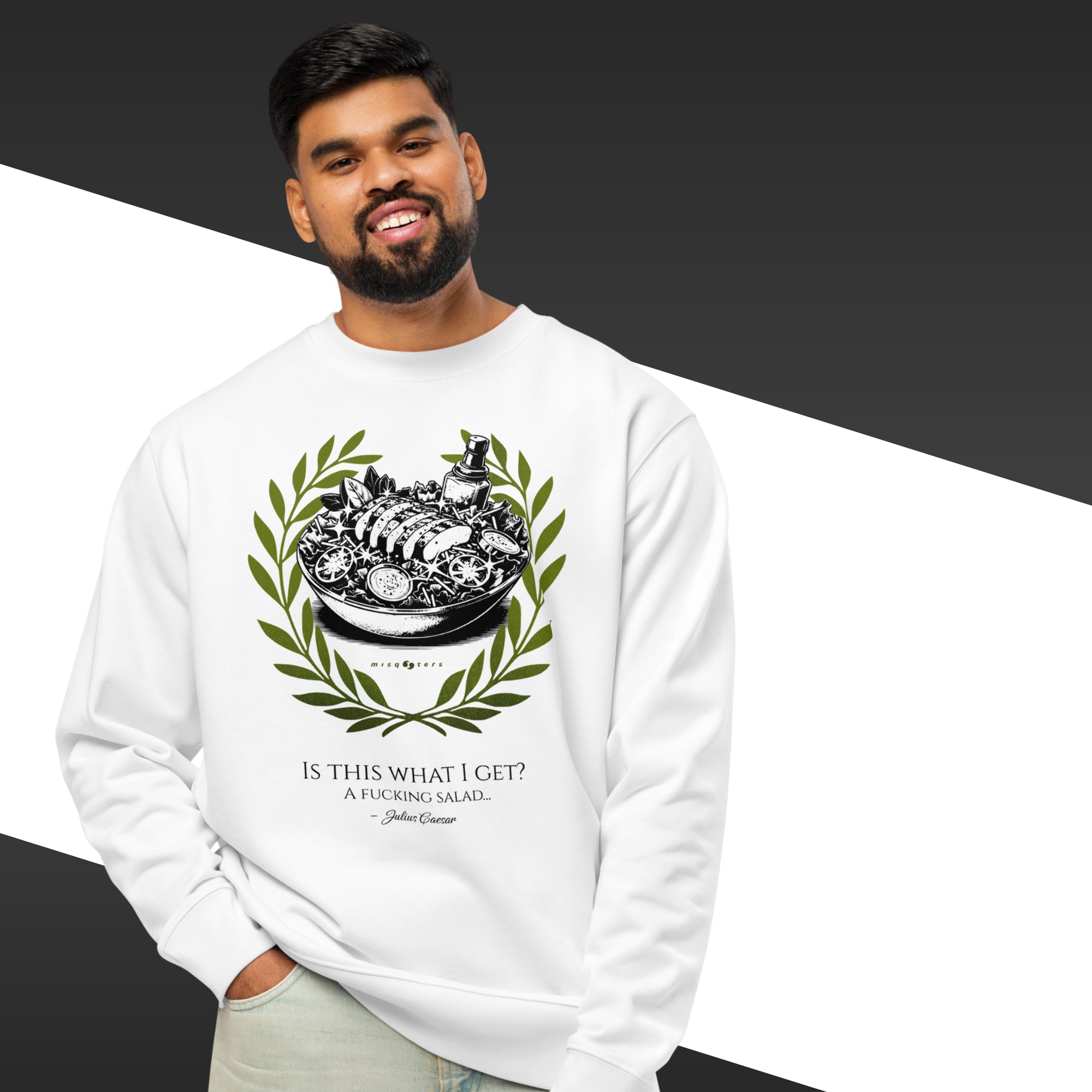 Person wearing a white sweatshirt with a graphic design and text.
