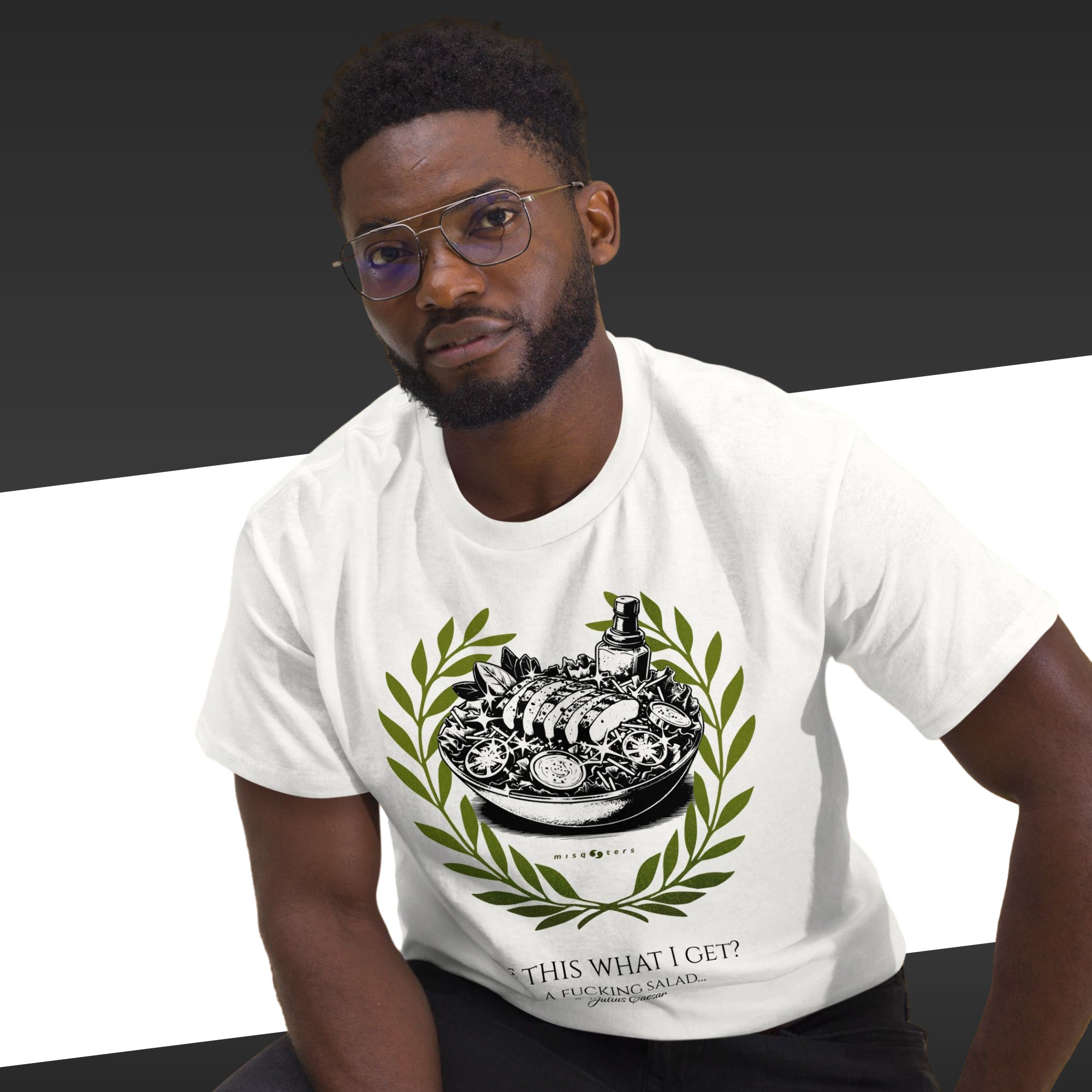 Man wearing a white t-shirt with a graphic design and text.