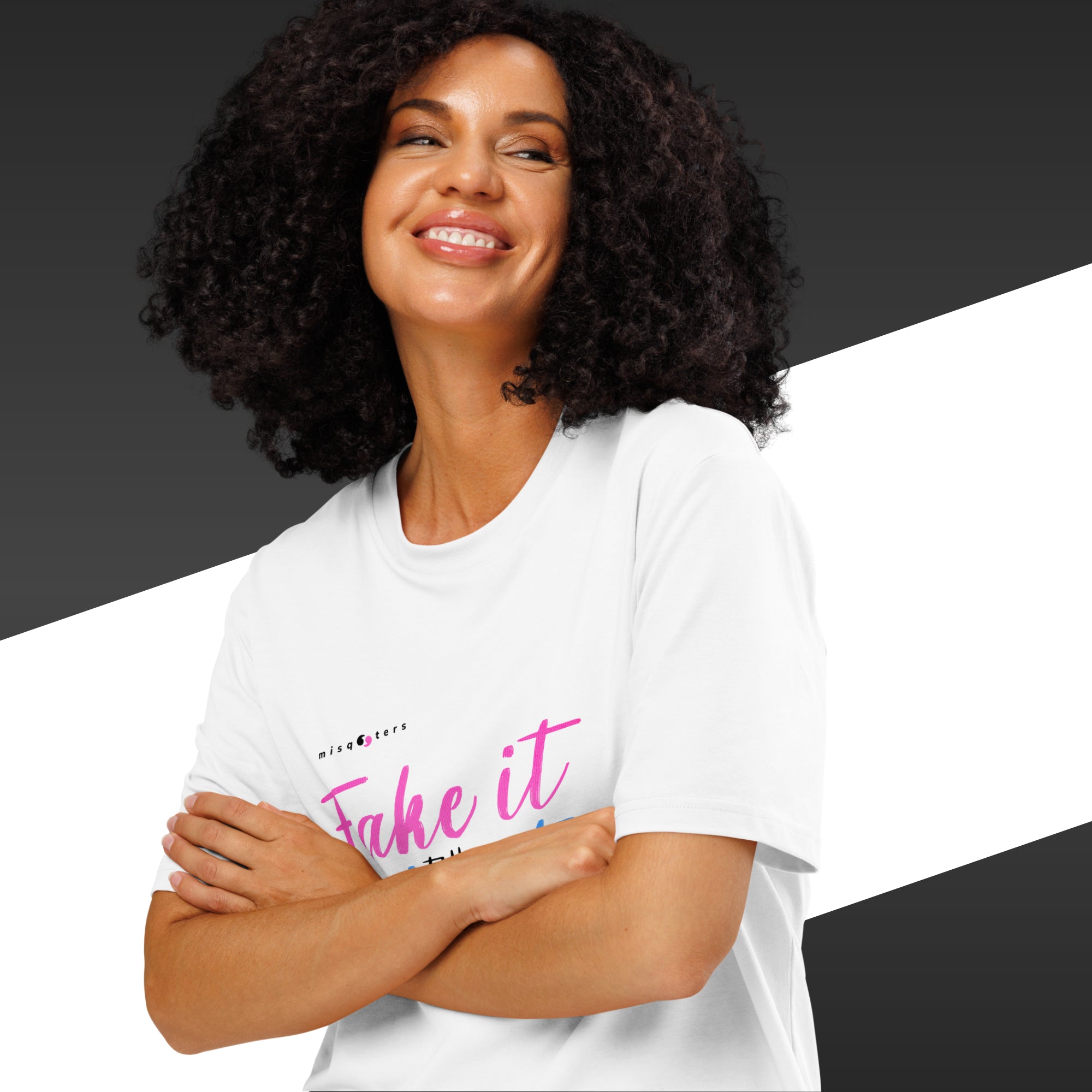 Woman wearing a white t-shirt with pink text on a black and white background