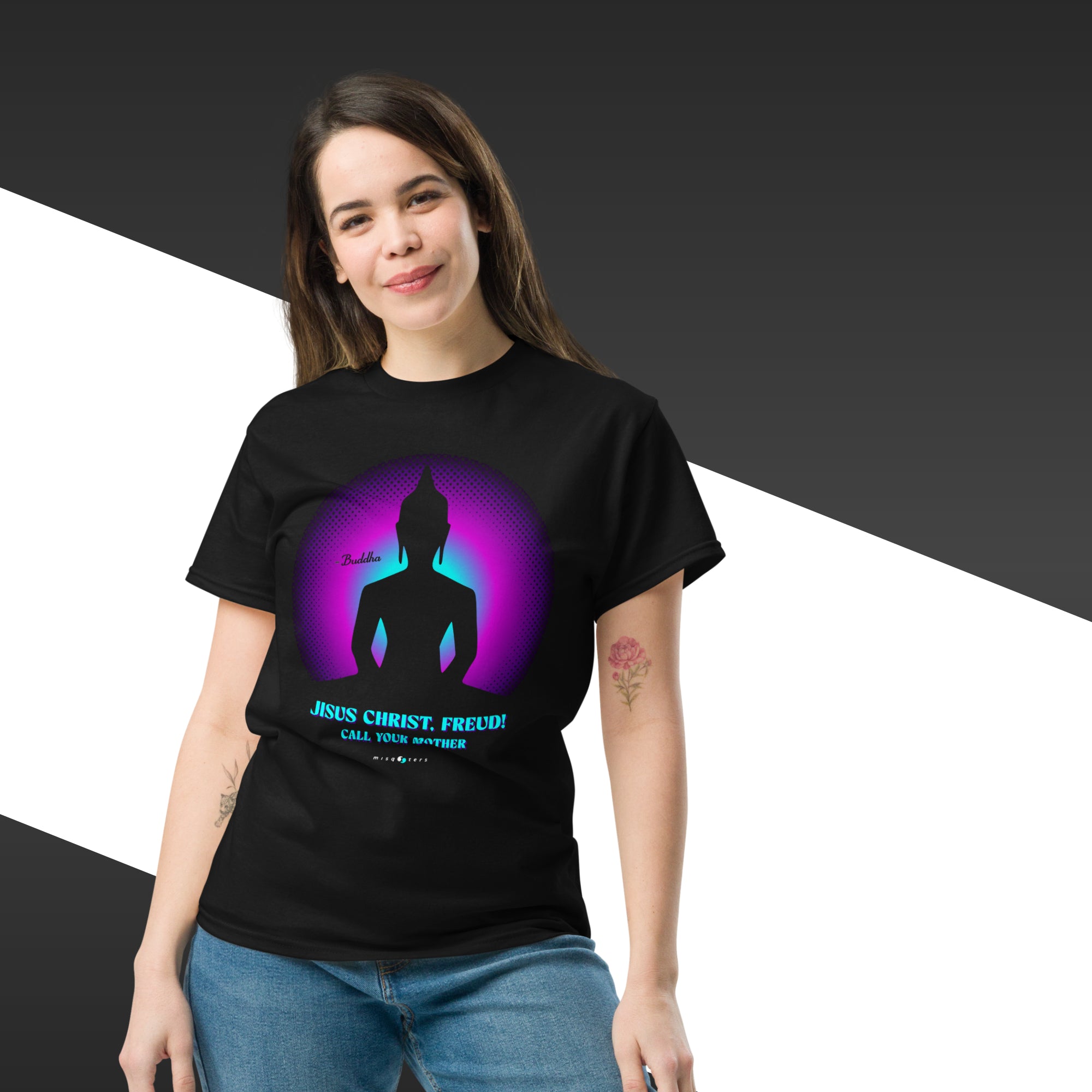 Person wearing a black t-shirt with a graphic design and text.
