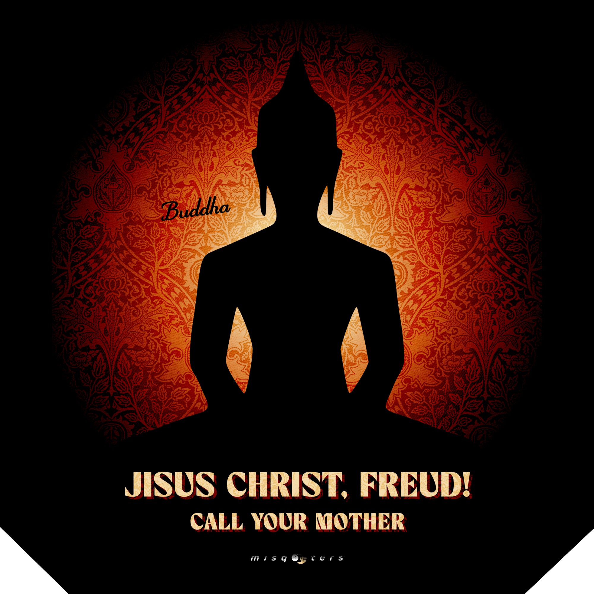 Silhouette of a meditating figure with text on a red and black background