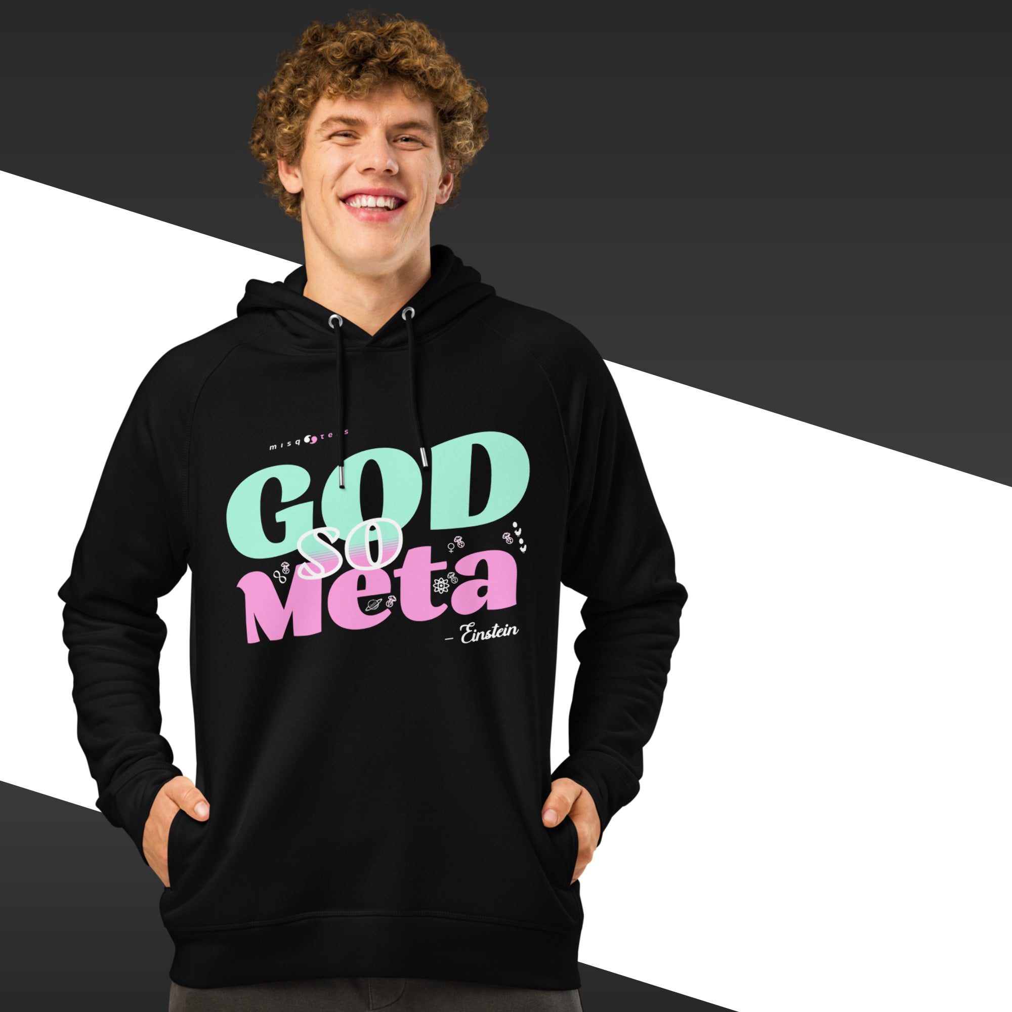 Person wearing a black hoodie with colorful text design on a black and white background