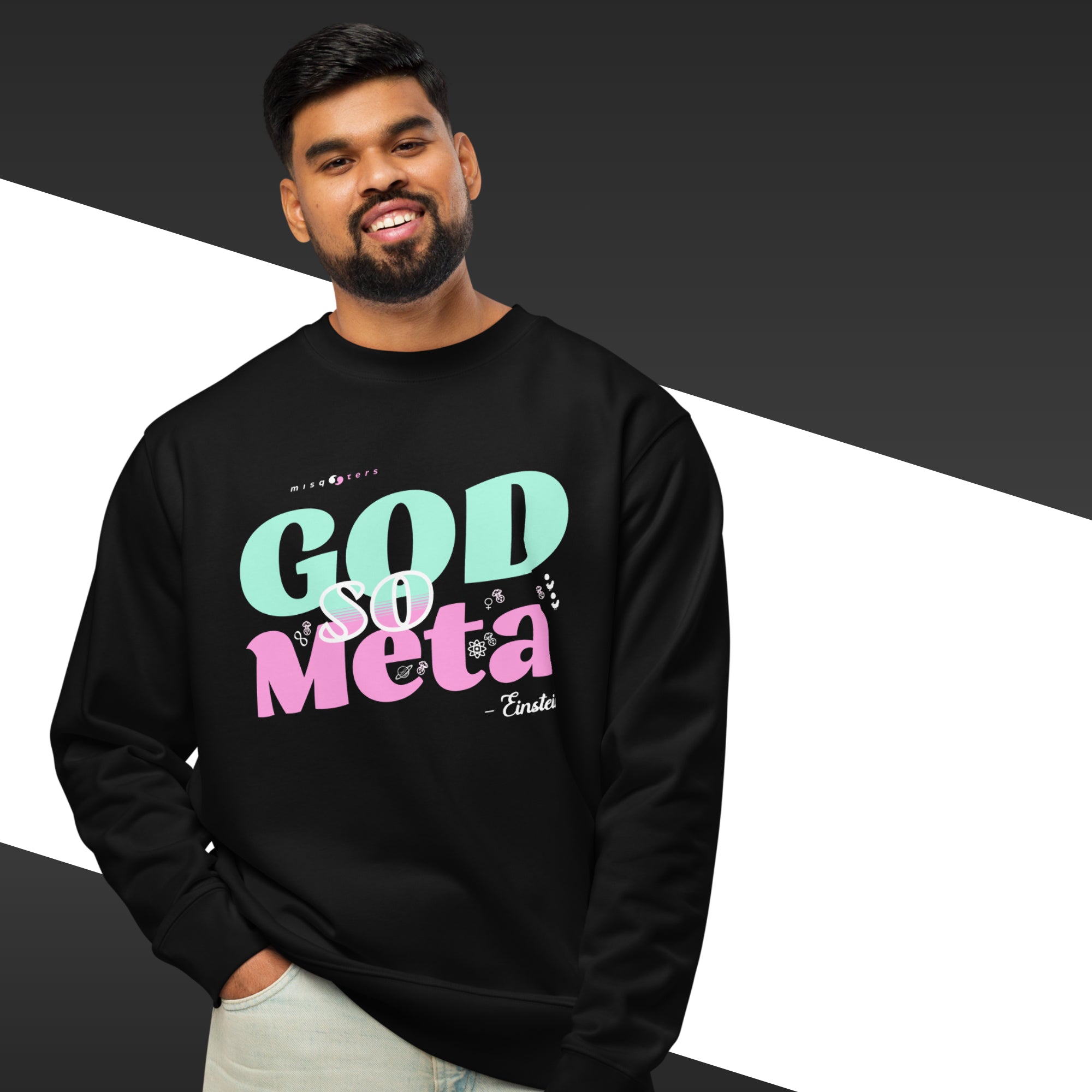 Man wearing a black sweatshirt with colorful text design on a black and white background