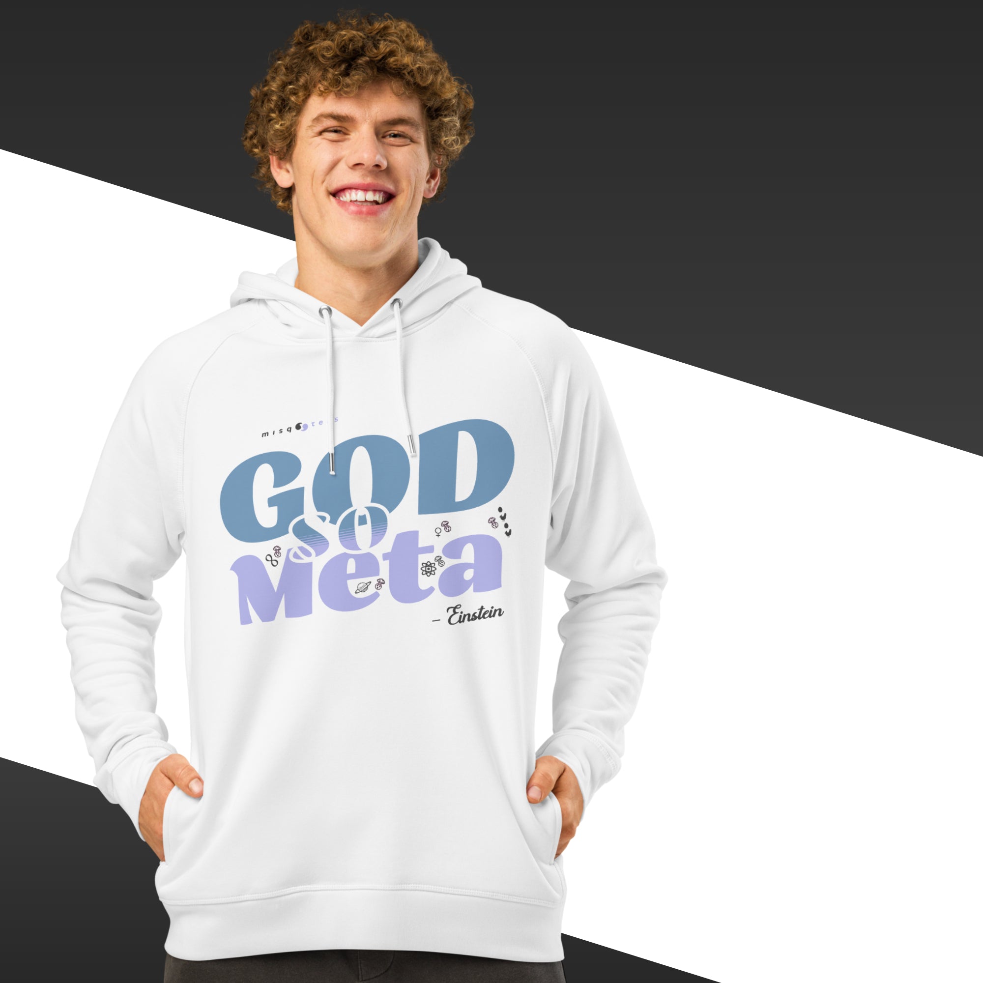 Person wearing a white hoodie with 'God so Meta' text design on a black and white background