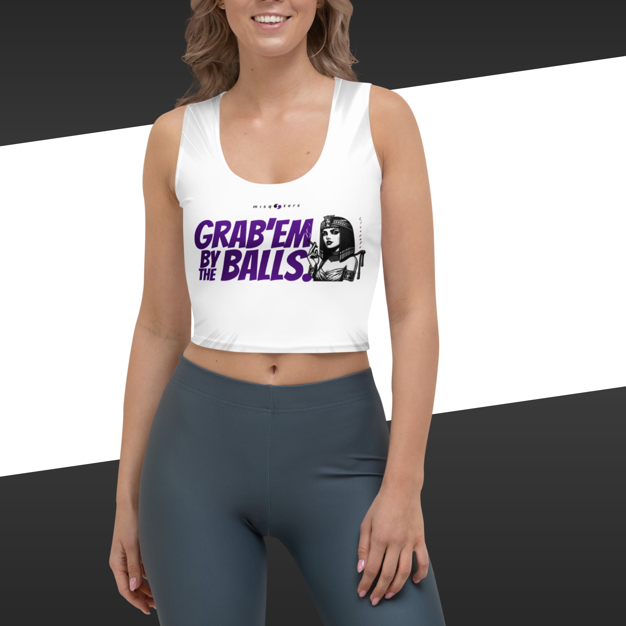 Woman wearing a white tank top with graphic design of Cleopatra featuring the fake quote "Grab´em by the balls" in purple
